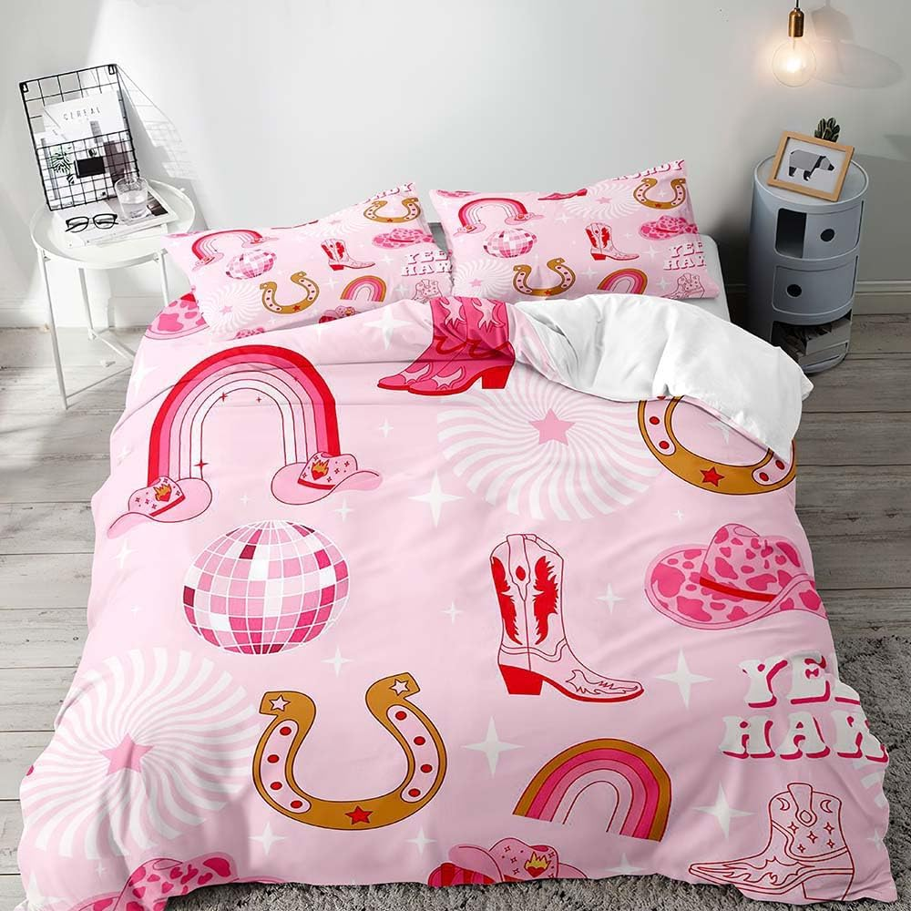 LUVIVIHOME 3PCS Disco Cowgirl Duvet Cover Full Bedding Set, Preppy Bedding, Teen Girl Bedding, Western Cowboy Cowgirl Boots Hat Howdy Hot Pink Comforter Quilt Cover, College Dorm Decor, 2 Pillow Shams