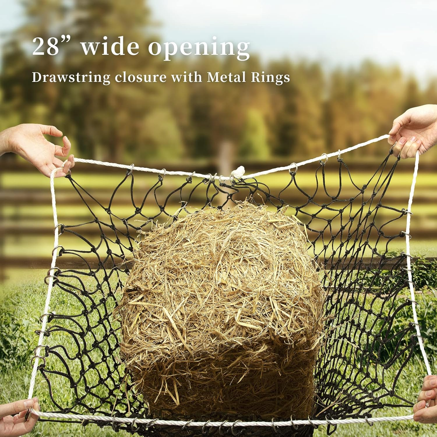 Bloomoak Slow Feed Hay Net for Horses, Durable Black PE, Fits 2 Hay Bales (91X46X46 Cm), Extends to 127 Cm, 4 Cm Holes image number 1