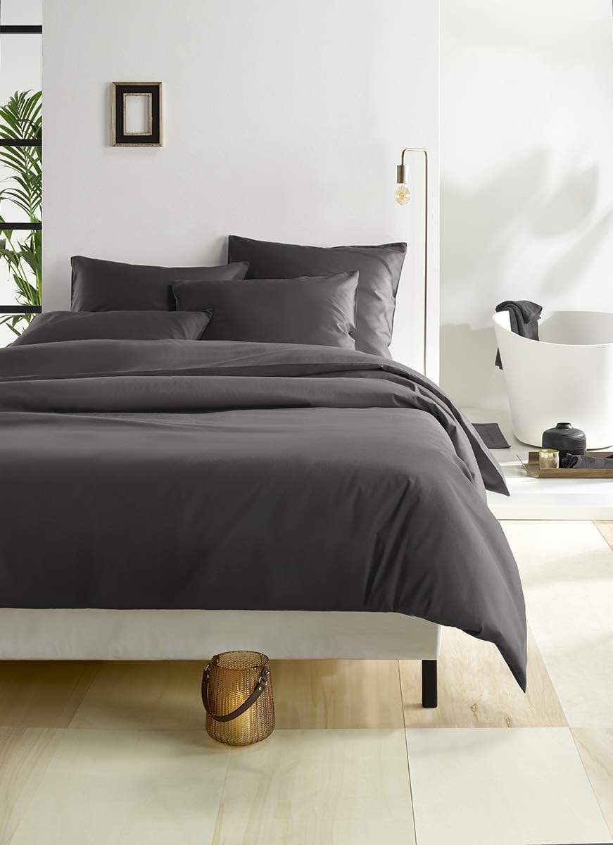 De Witte Lietaer Olivia Quality Satin Combed Cotton Bedding Set, Dark Grey/Ebony, 200 X 200 Cm + 2 Pillowcases