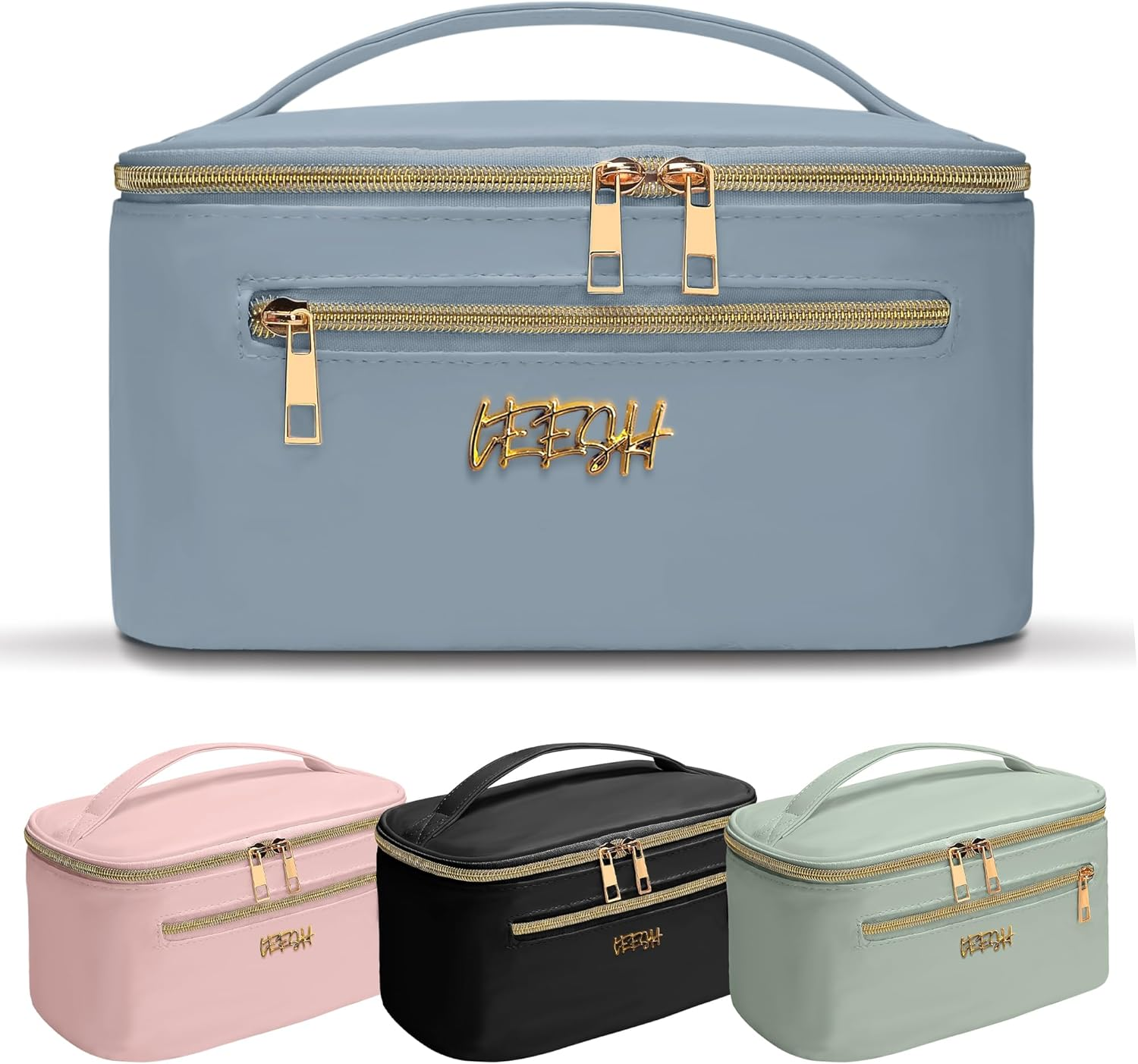 Leesh & CO Makeup Bag - Large Travel Cosmetic Organizer with Brush Holders for Women - Eco-Friendly Vegan Leather, Waterproof & Durable Cosmetics Bag - Perfect for Toiletries, Beauty Products (Blue)