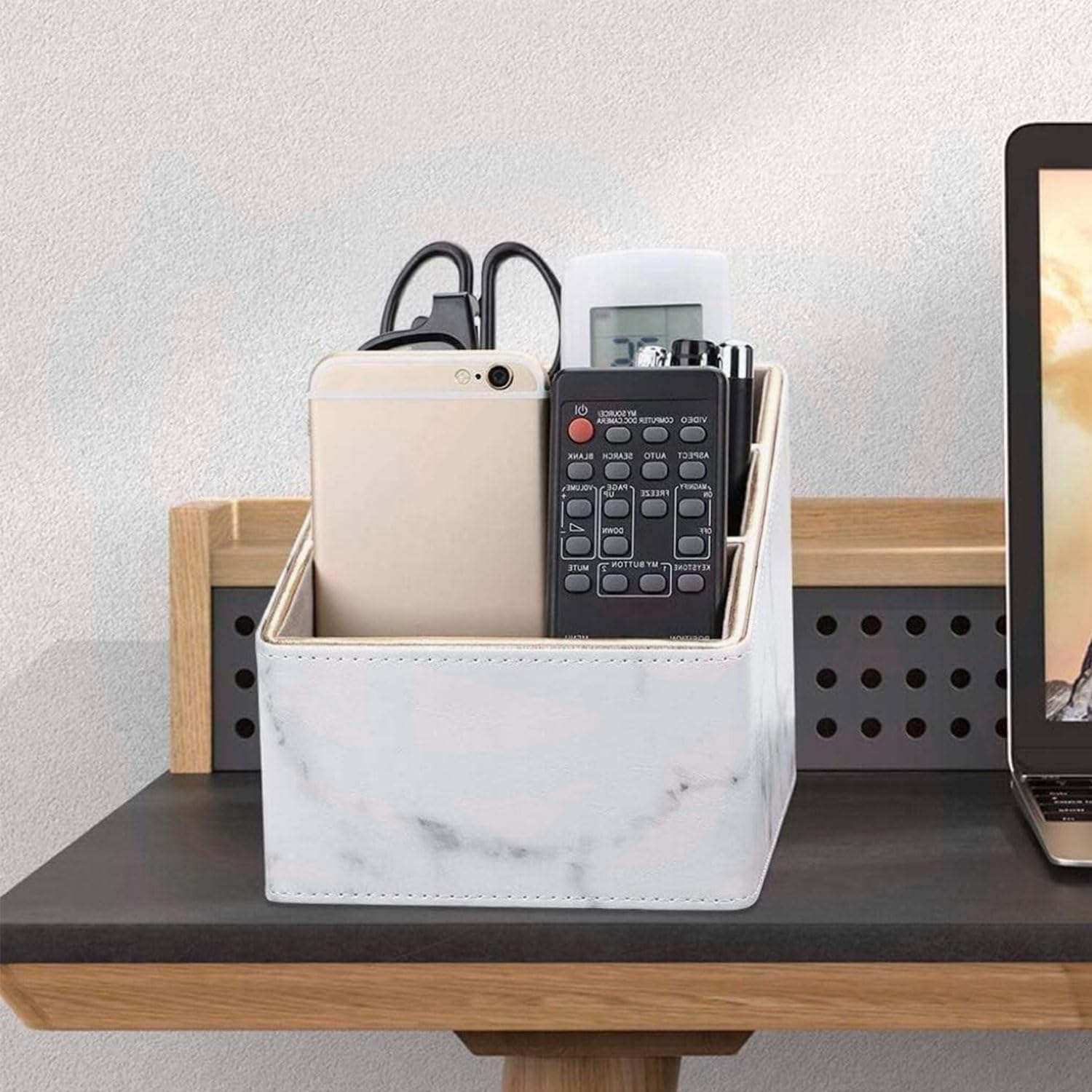 YIRANJIA 3-Compartment PU Leather Remote Control Holder Box | Sleek Organizer for TV, DVD, and Game Controllers (White) image number 1