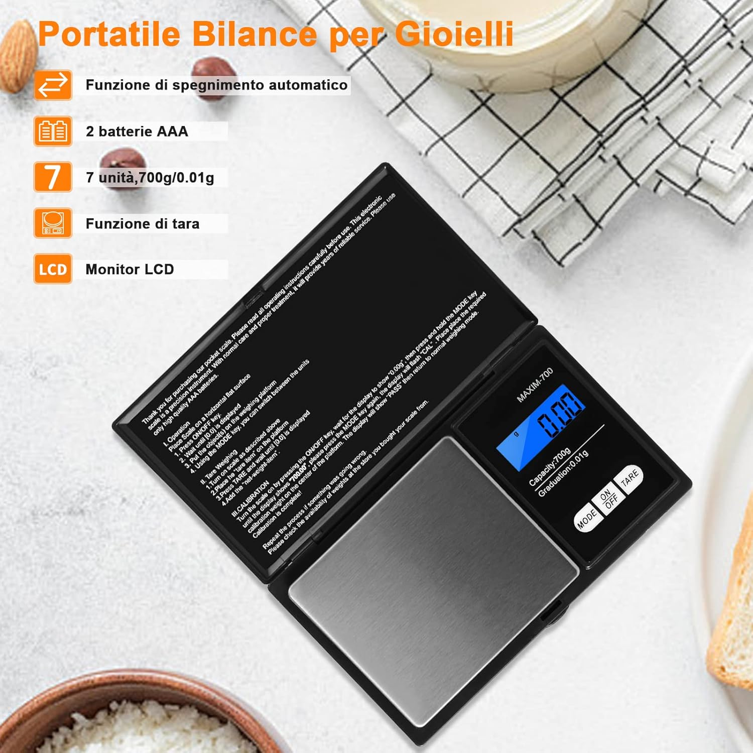 Vinabo Digital Precision Mini Kitchen Scale 700G/0.01G LCD Display Multifunctional for Kitchen Jewelry Coffee Small Powder Bowl image number 4