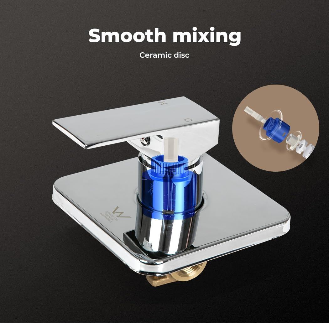 Dutxa Shower Mixer Tap Brass Bathroom Faucet Valve Chromed Square Silver,Showerhead Tap Fixtures Wall Mounted,Kitchen Bath Basin Taps Accessories Hot & Cold