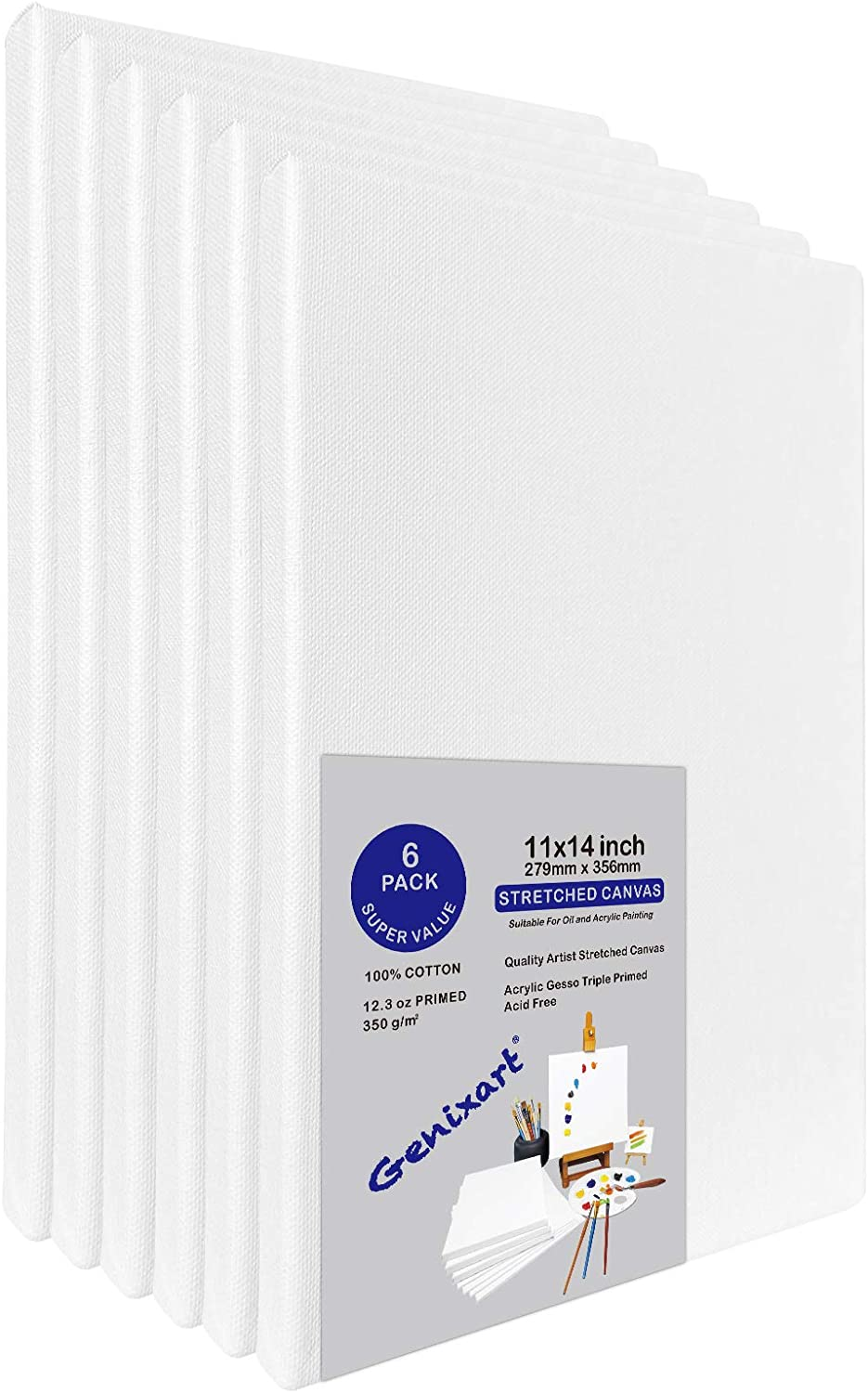 Genixart White Blank Stretched Canvas, Primed Professional Artist Canvases for Acrylics & Oils Painting (28X36Cm / 11" X 14" (6Pack)) image number 2