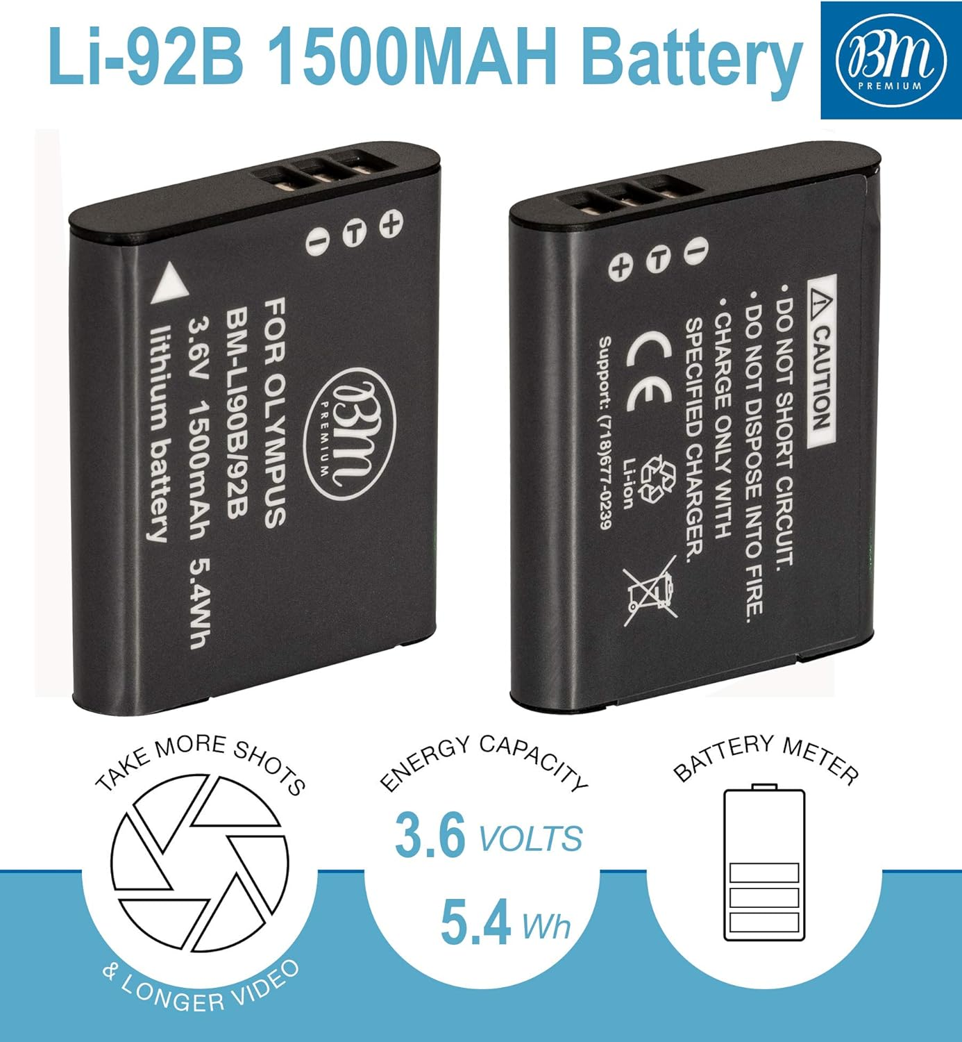 BM Premium 2 LI-90B, LI-92B Batteries and Dual Battery Charger for Olympus Tough TG-6, TG-5, Tg-Tracker, Tough SH-1, SH-2, SP100 IHS, Tough TG-1 Ihs, TG-2 Ihs, TG-3, TG-4, SH-50, SH-60, XZ-2 Ihs image number 2