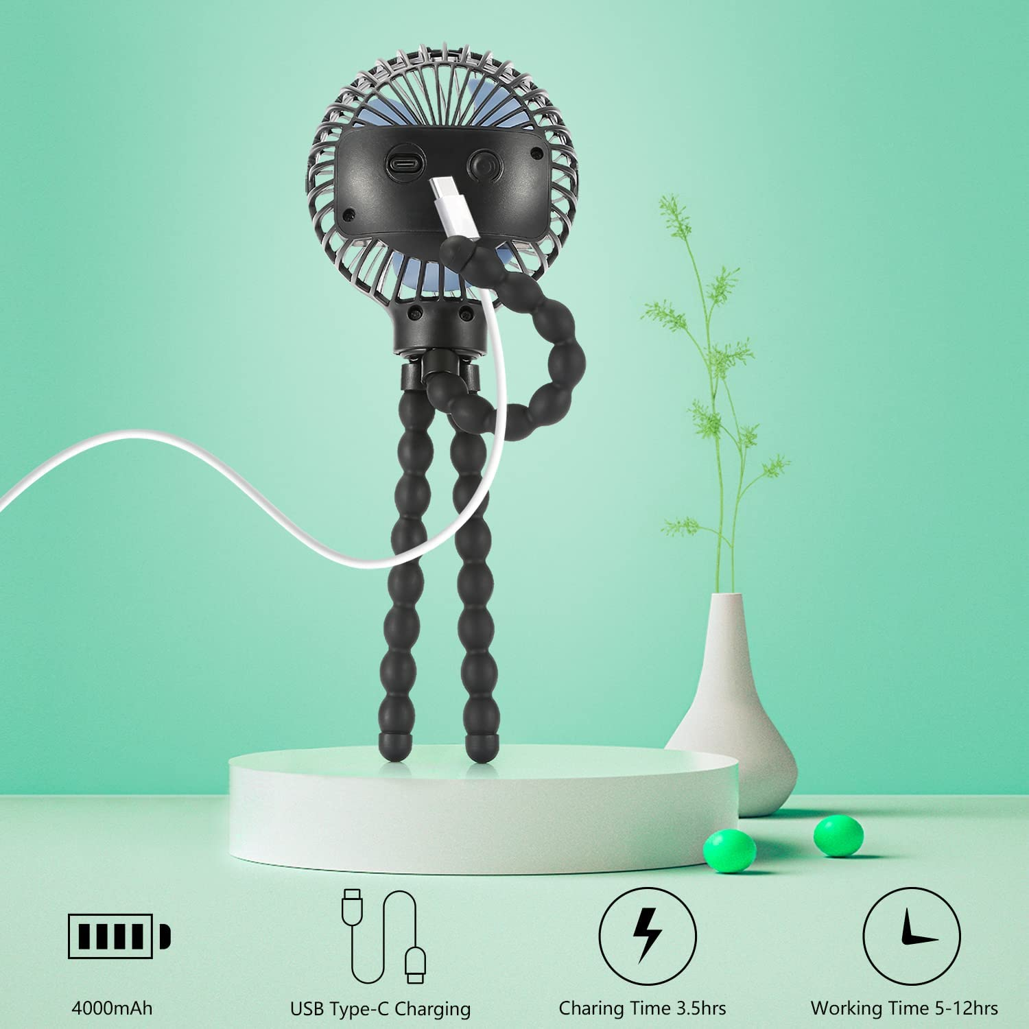 Snawowo Mini Handheld Portable Pram Fan, Baby Stroller Fan, Car Seat Fan, USB or 4000Mah Battery Powered, with Flexible Tripod Clip on Student Bed Desk Bike Crib Treadmill Camping Traveling - C-Navyblue image number 5