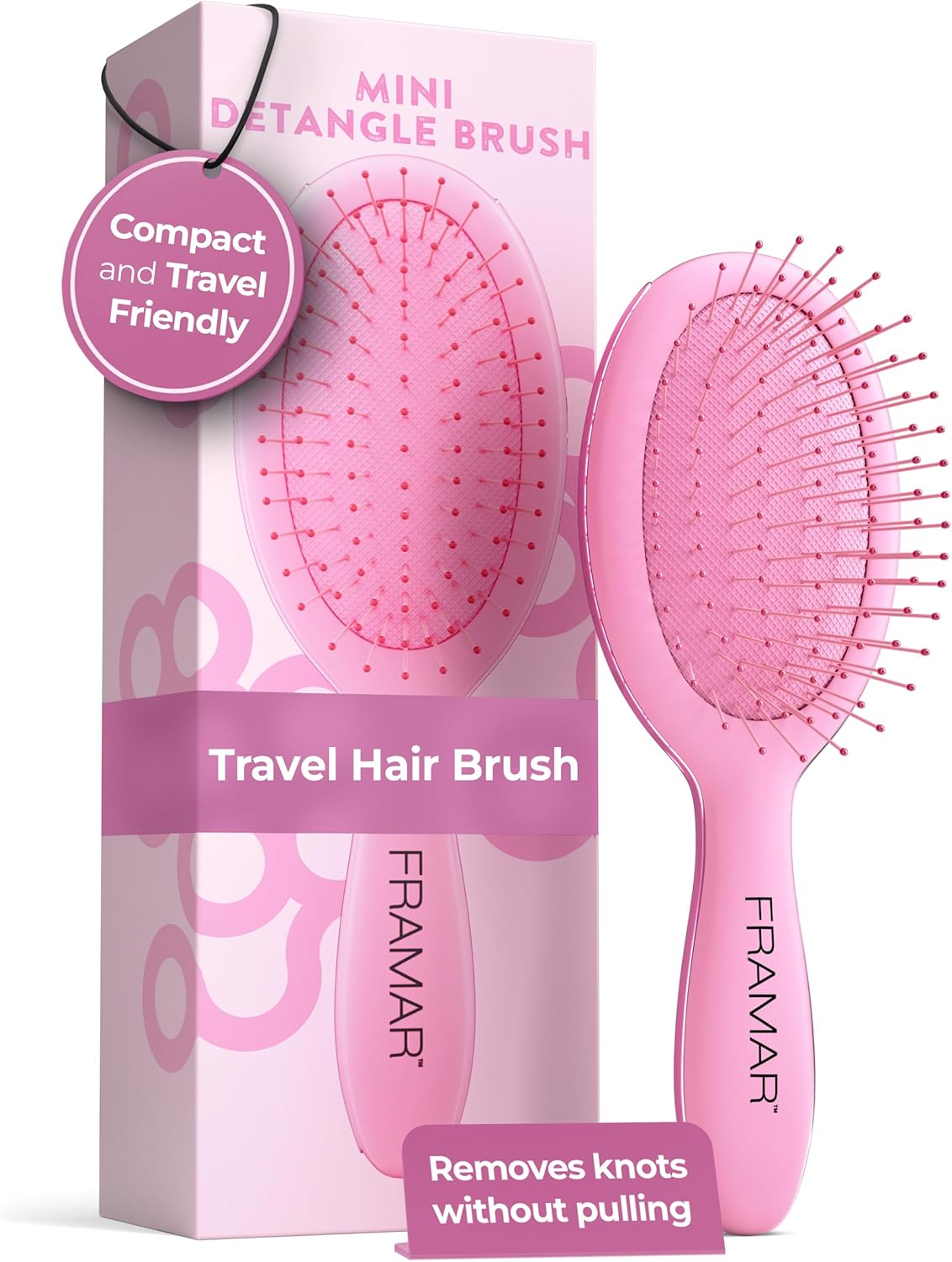 FRAMAR Mini Hair Brush Detangler &ndash; Mini Brush for Hair, Small Travel Hair Brush for Women, Travel Hairbrush Detangler, Compact for Travel, Reduces Breakage, for All Hair Types &ndash; Matte Pink