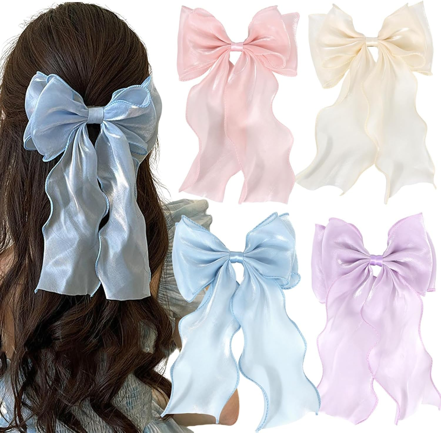 4Pcs Large Hair Bow Clips Set, White Pink Blue Purple Silk Yarn Ribbon Hair Barrettes for Women, Elegant Long Tail Bowknot French Hairstyle Accessories for Wedding, Parties, Festivals image number 6