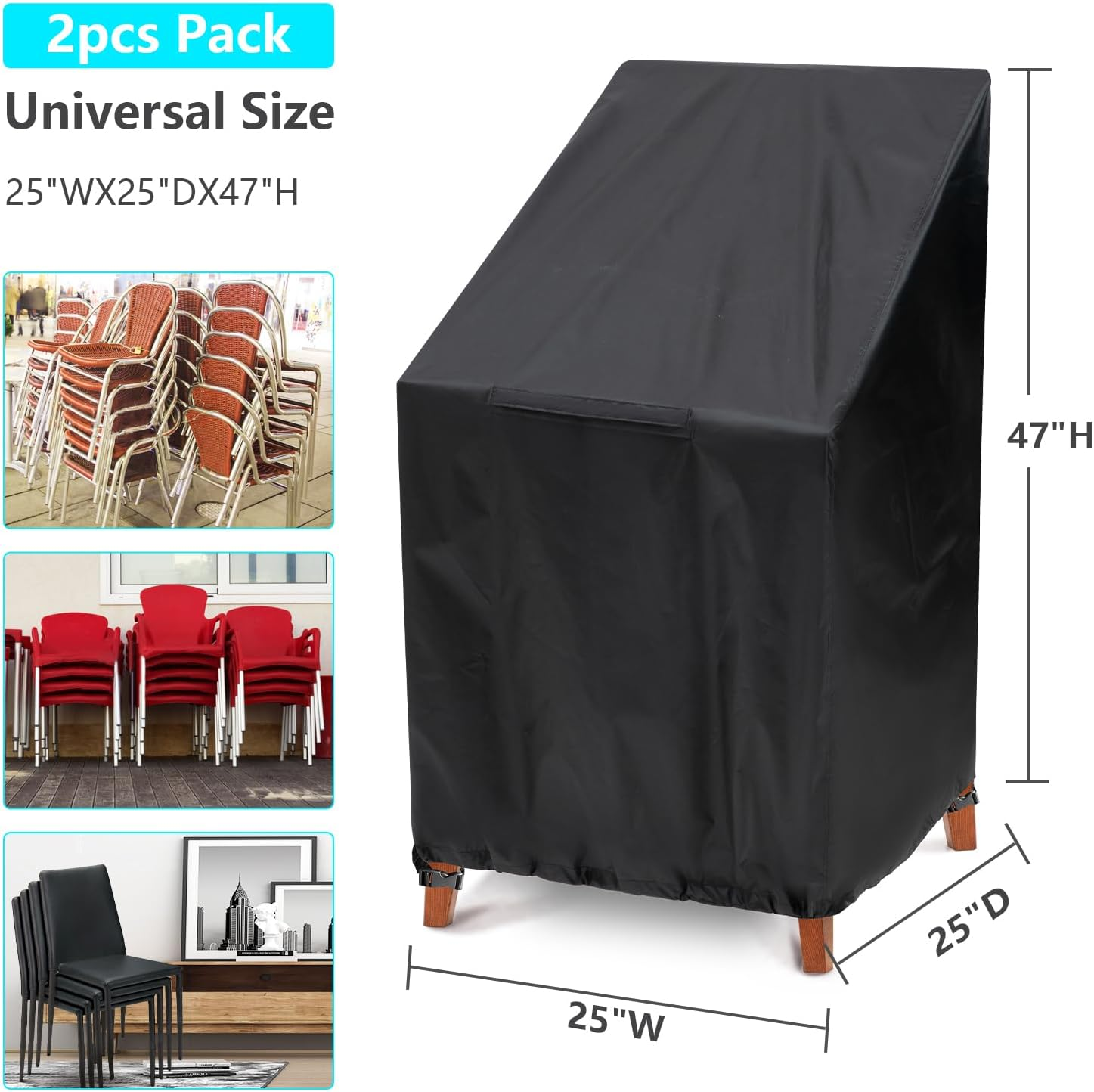 NA Outdoor Garden Chair Cover 2 Packs, High Back Patio Stacking Chair Covers, Water-Resistant, Anti-Uv, Snow Dust Wind-Proof, Tear-Proof, Anti-Fading Furniture Cover, Black (47"&times;25"&times;25"&times;27.5") image number 2