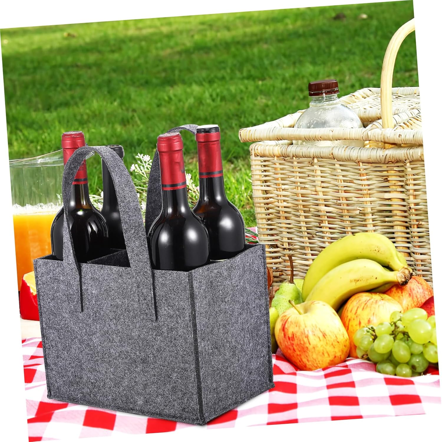 BEBEMOKO Felt Wine Carrier Bag 6-Bottle Tote Wine Handbag Thick Felt Bottle Carrier for Travel Camping Picnic 4Pcs Medium Grey
