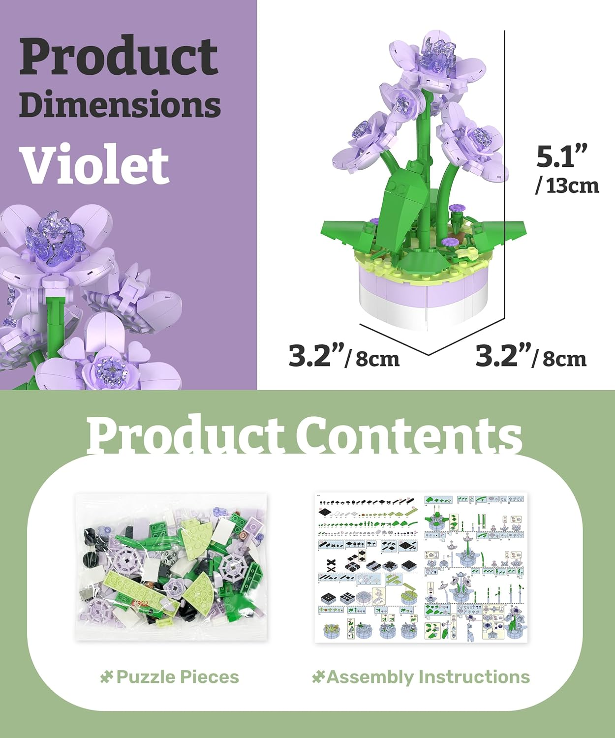 Piecerelax Flower Bouquet Building Decoration Set - Artificial Flowers Mini Bricks Potted Violet - Home Accessories or Best Gift Valentine D&eacute;cor for Him and Her Botanical for Adults [KZ1029] image number 6