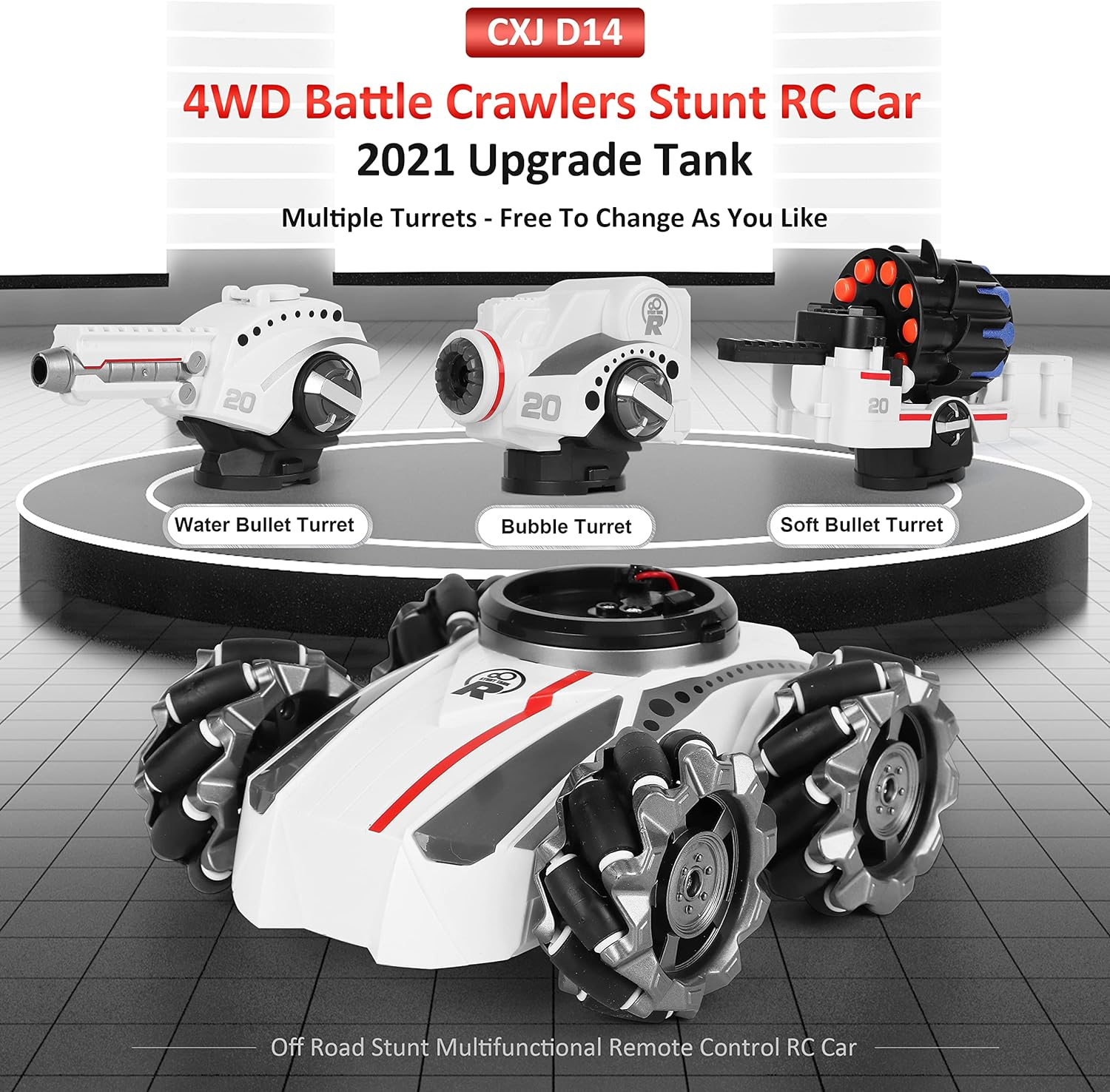 CXJ 3 Head RC Tank Car, Shooting Water Bullets(Bomb) Remote Control Car, Kids 4WD Battle Stunt Car, Blow Bubble, Shoot Foam Darts, 360&deg;Rotating, Leds, Music, Toy Gifts for 6-15 Years Old Boys Girls image number 4