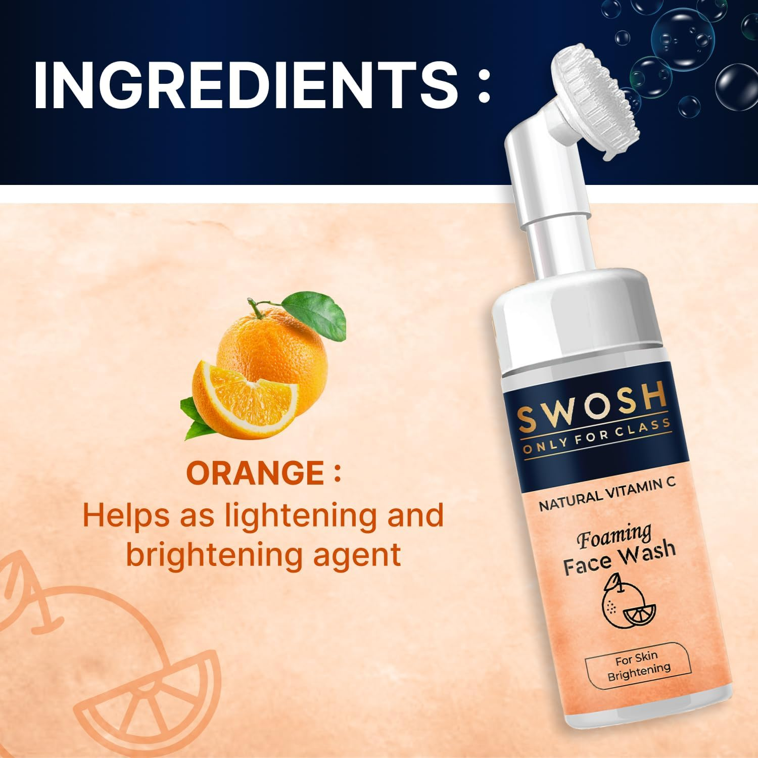 SWOSH Natural Vitamin C Foaming Face Wash for Pimple Prone & Oily Skin - No Parabens, Sulphate, Silicones & Colour (With Built-In Face Brush), 100 Ml/ 3.38 Fl Oz image number 1
