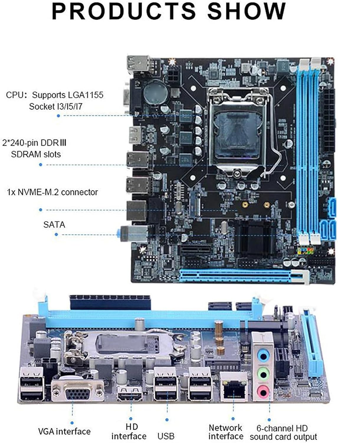 Desktop Motherboard, LGA 1155 CPU 2Nd Gen Slot Dual Channel DDR3 Motherboard with 3 Phase Power, HD VGA Ouput, Micro ATX Motherboard for Gaming image number 5