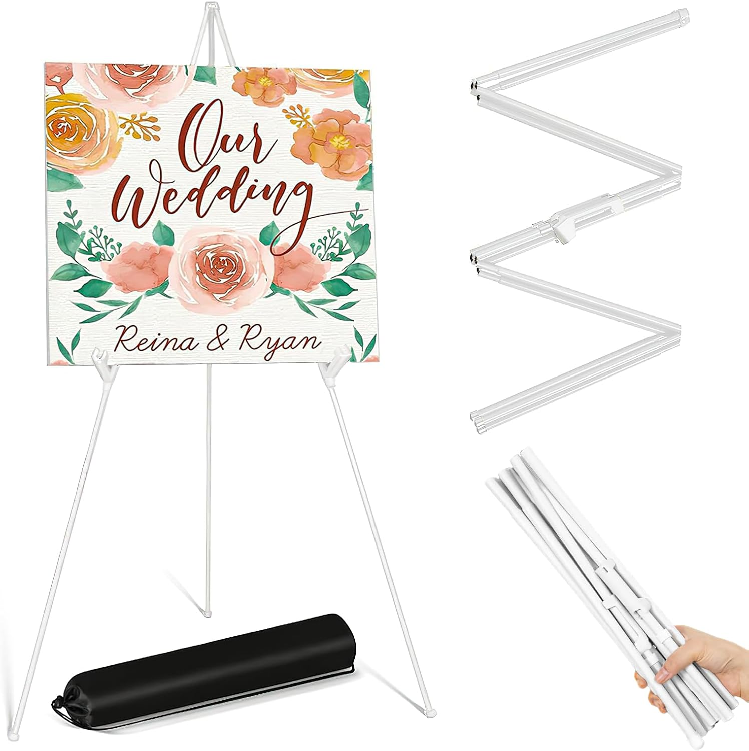 Easel Stand, Instant Floor Poster, Lightweight, 63'' Foldable Artist Easel for Wedding Banner, Painting Canvas, Poster, Adjustable Metal Easel with Portable Bag (White) image number 2