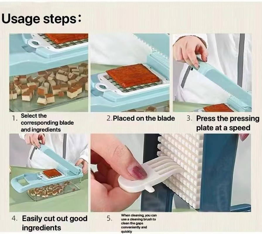 Vegetable Chopper, Onion Chopper, 15 in 1Professional Food Chopper Multifunctional Vegetable Slicer, Dicing Machine, Adjustable Vegetable Cutter with Container-Blue image number 5