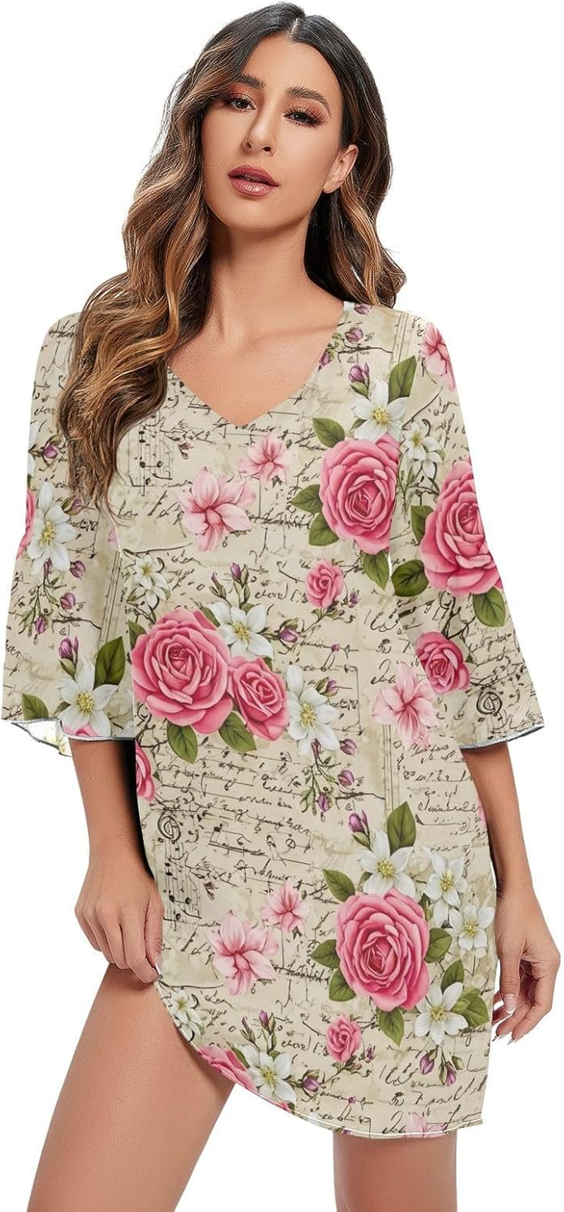 Vintage Pink Flowers Chiffon Dress 3/4 Sleeve Maternity Dress Party image number 3