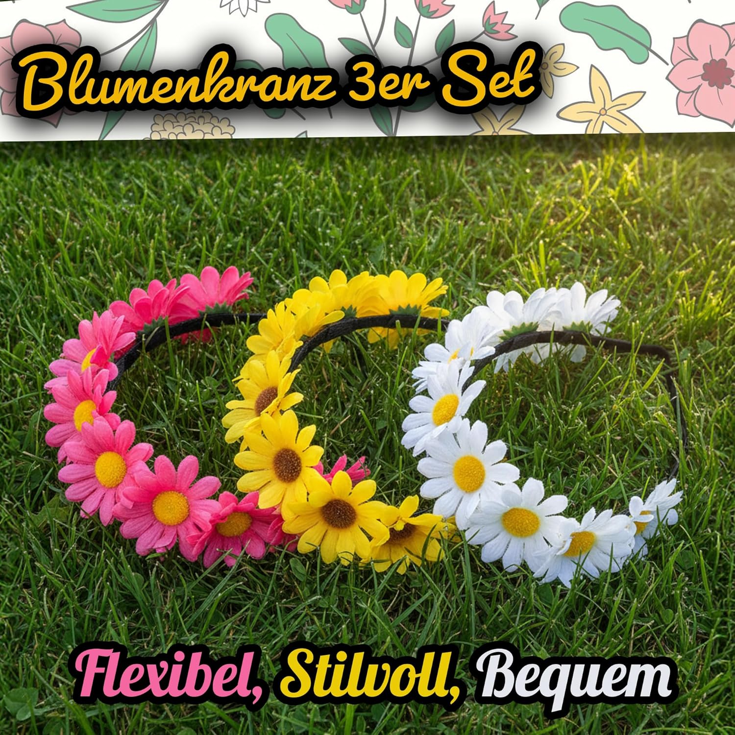 Hatstar Flower Wreath, Set of 3, Hair Accessories with Elastic Band for Women and Girls, Costume Accessory for Oktoberfest, Festival, Mallorca Party and Schlagermove image number 1