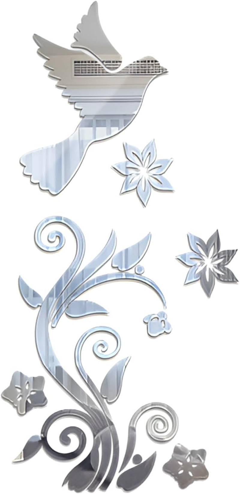 WUMUZAI Pigeon Flower 3D Acrylic Mirror Wall Stickers, Flying Bird Mirror Wall Decals Peel and Stick, Self Adhesive Wall Art Modern Home Decor for Living Room Sofa Backdrop Decoration (Silver)