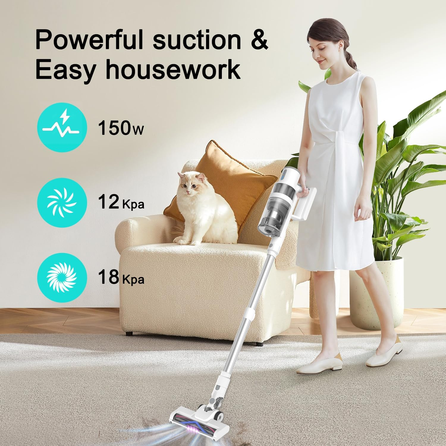 Cordless Vacuum Cleaner, 18000Pa Powerful Cordless Stick Vacuum 6 in 1, 45Mins Long Runtime, LED Lights Vacuum for Hardwood Floor Carpet Pet Hair Car Cleaning image number 2