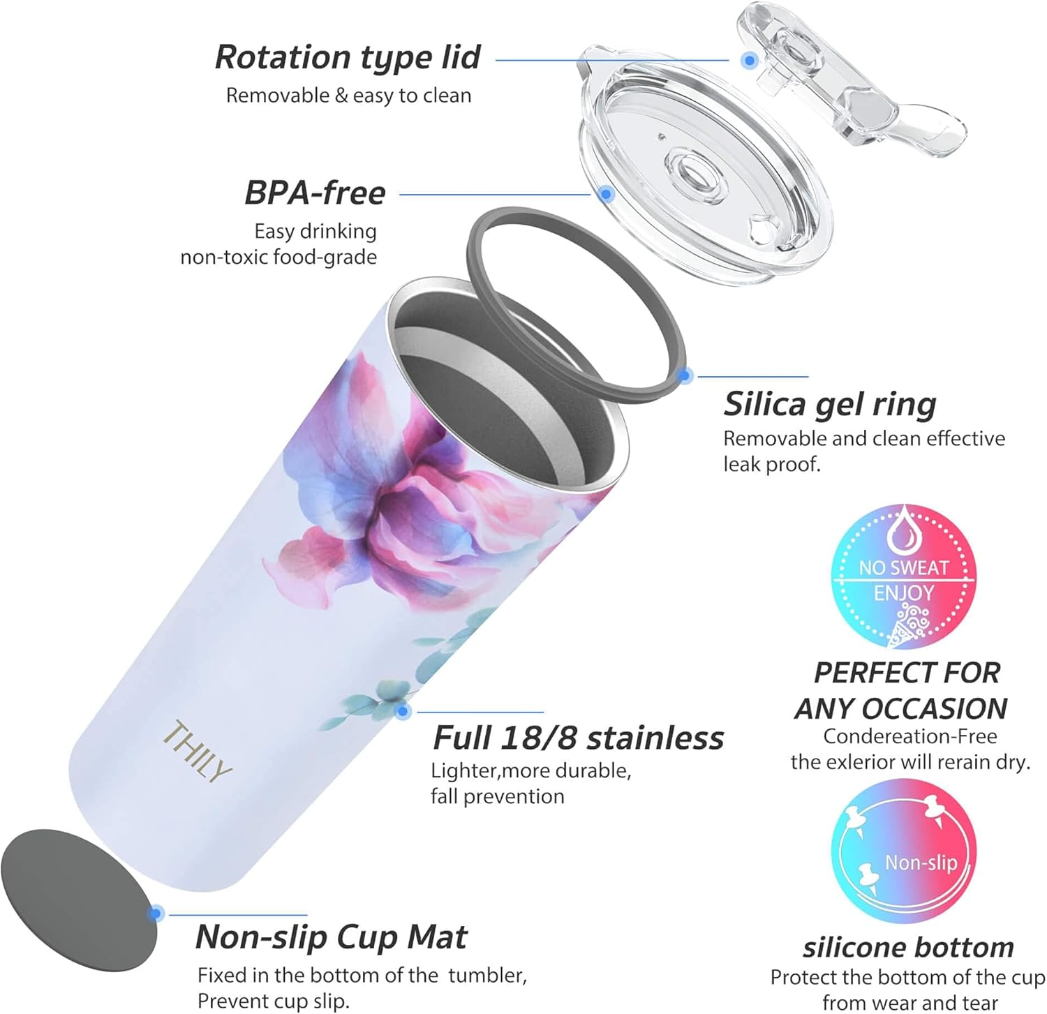 Stainless Steel Vacuum Insulated Tumbler - THILY Travel Mug 26 Oz Coffee Cup with 2 Lids and Straws, Splash Proof, Keep Ice Drinks Cold, Pink Lilies image number 7