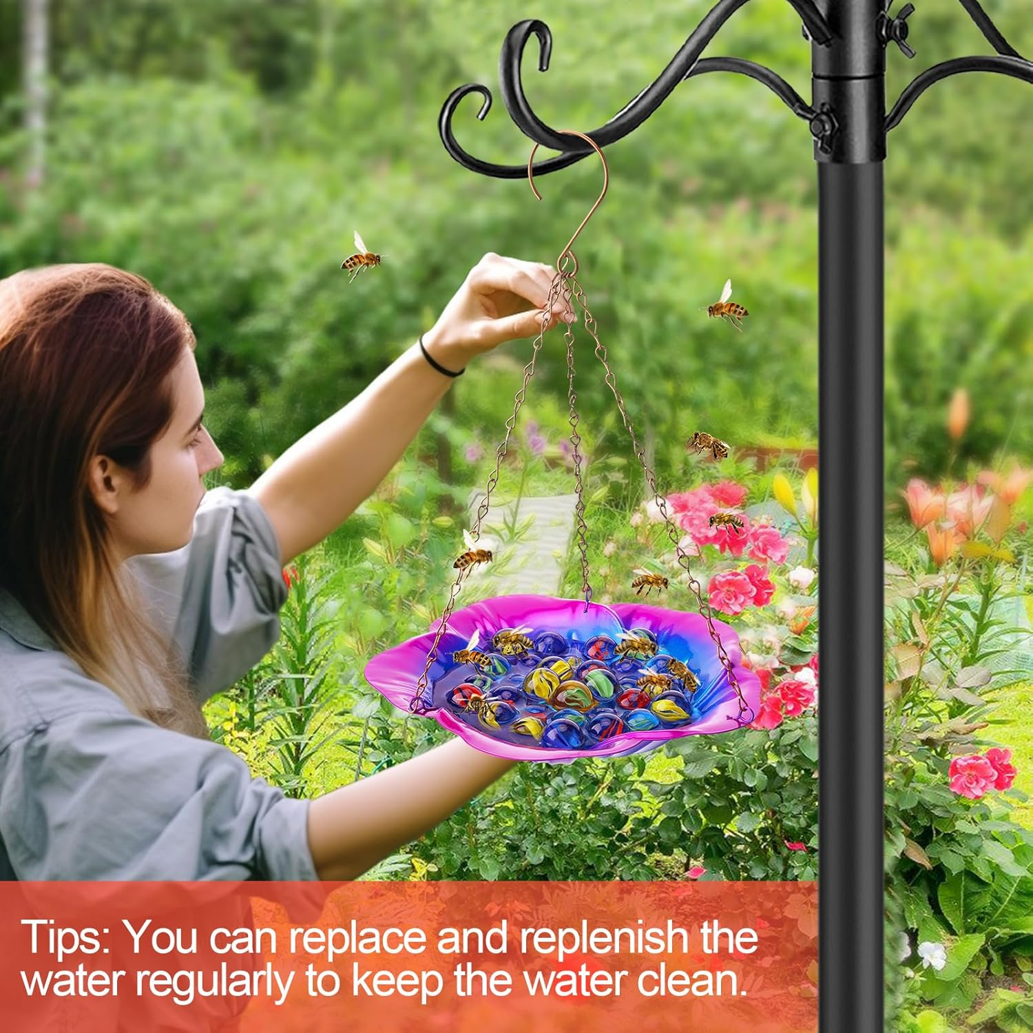 Bee Feeder with Vivid Flower Design, Anti-Rust Iron Bee Watering Station for Feeding, Colorful Butterfly Bath Bowl Bee Cups with 30 Glass Marbles for Outdoor Yard Garden Decor Gifts (Blue-Purple)