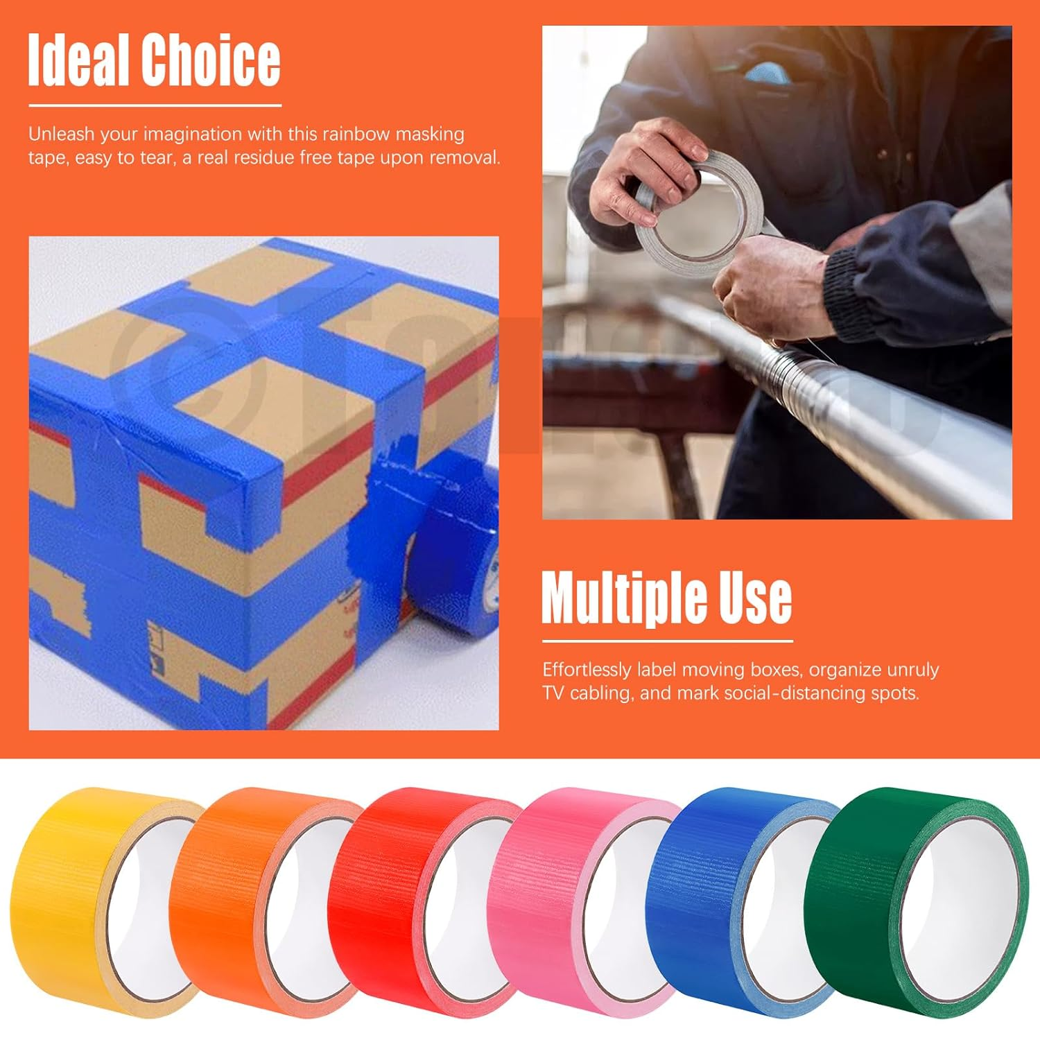 Tanstic 6Pcs Colored Duct Tape, 2 Inch X 11 Yards Colored Tape Rolls, Heavy Duty Duct Tape Rainbow Adhesive Tape Waterproof and Tear by Hand for Home School DIY Art image number 2