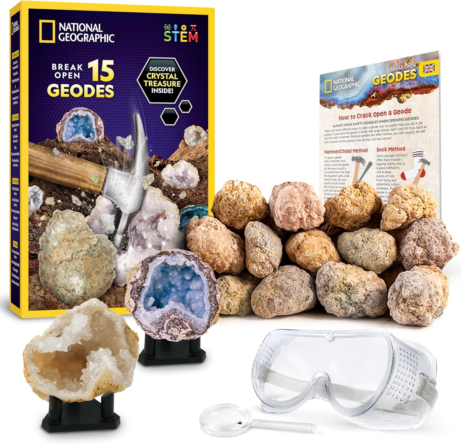 National Geographic Break Open 15 Premium Geodes - with Goggles, Detailed Learning Guide, 3 Display Stands, Great Stem Science Toy & Educational Kit image number 6