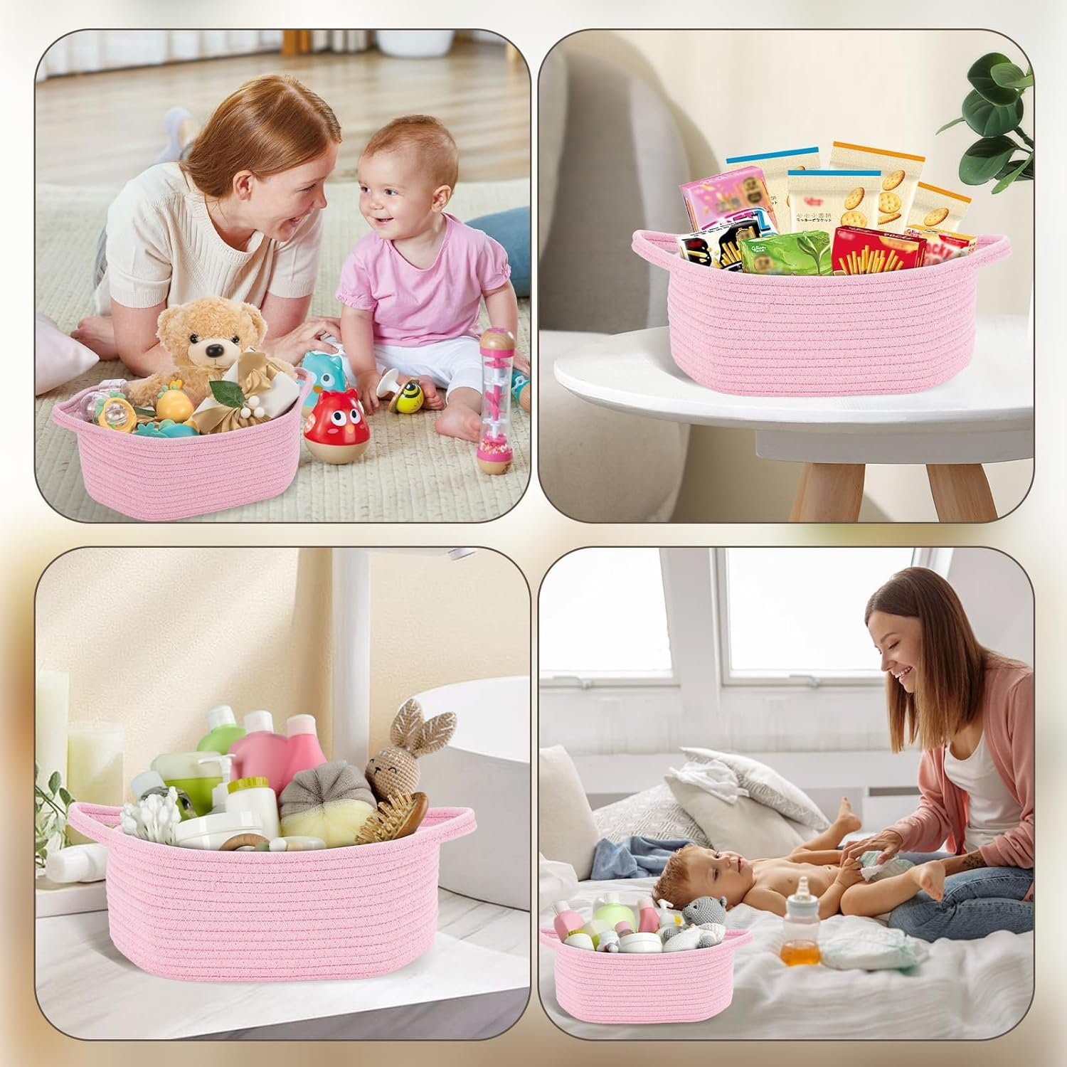 Basket with Gift Bag and Ribbon, Decorative Gift Basket with Handle for Baby Shower Nursery Gifts, Empty Storage Gift Box (Pink) image number 6