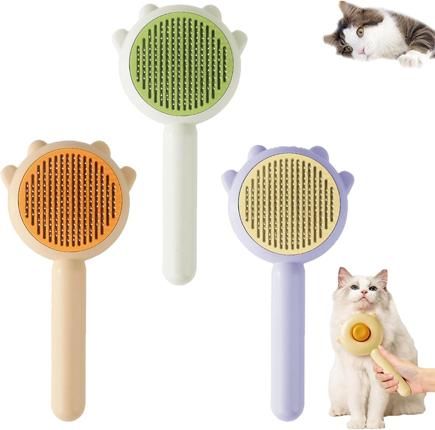 Spacebuyer Awishday Cat Brush Awishday Pet Hair Cleaner Brush Cuddles and Meow Brush Cat Brush with Release Button Pet Hair Cleaner Brush for Cats Dogs (Yellow)