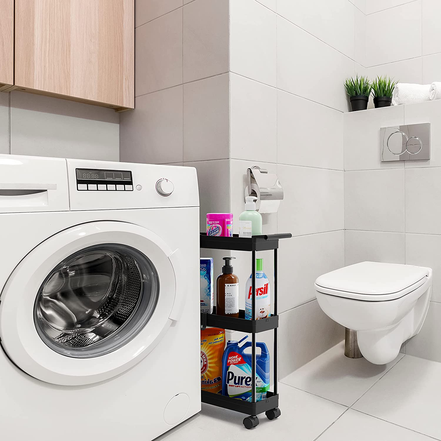 Simplehouseware 3-Tier Slim Rolling Cart with Handle and Hooks for Kitchen and Bathroom Trolley, Black image number 2