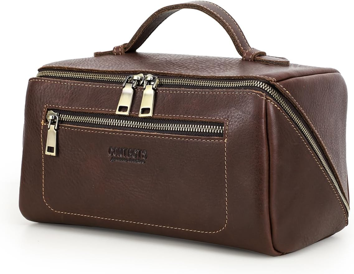 CONTACTS Full Grain Leather Travel Toiletry Bag for Men Large Wash Bag with Handle Bathroom Shaving Dopp Kit Toiletries Organizer Vintage Cosmetic Bag