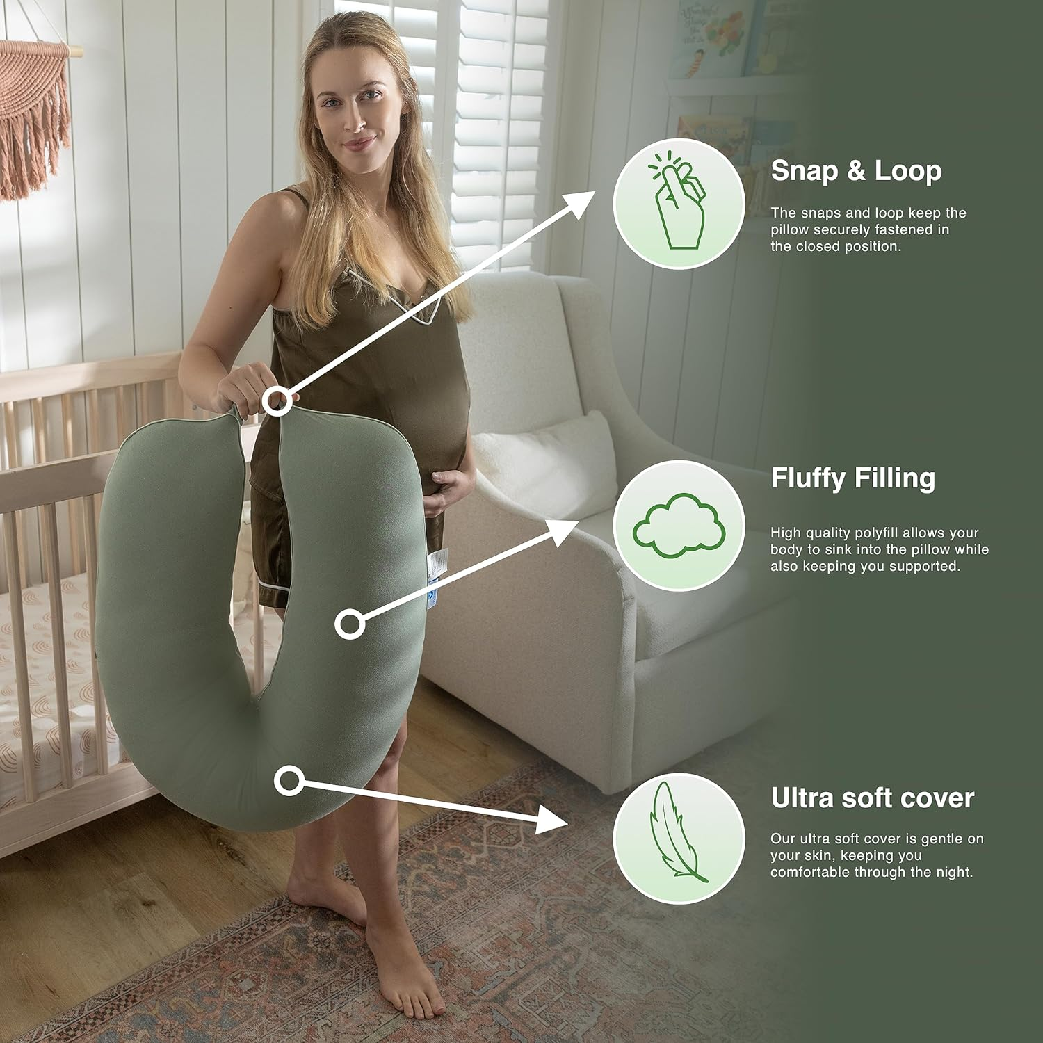 Pharmedoc Crescent Pregnancy Pillows - Body Pillow for Adults - Side Sleeper &ndash; Maternity and Nursing Pillow Breast Feeding - Pregnancy Must Haves - Sage with Piping image number 4