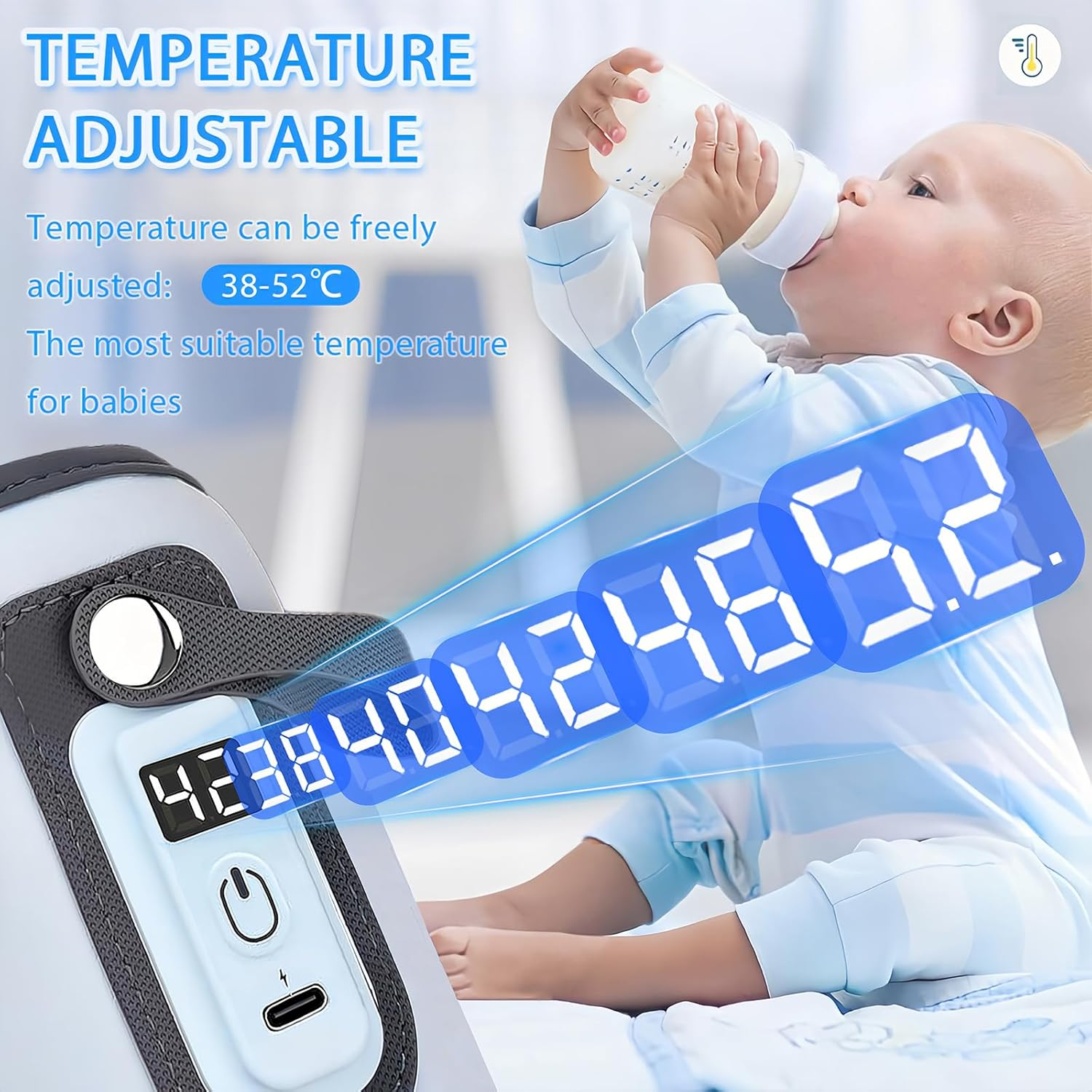 Baby Bottle Warmer, 5-Temperature Baby Milk Heating Keeper, Portable USB Bottle Warmer with LED Display for Rapid Heating & Precise Temperature Control, Suitable for Home & Travel (Blue) image number 3
