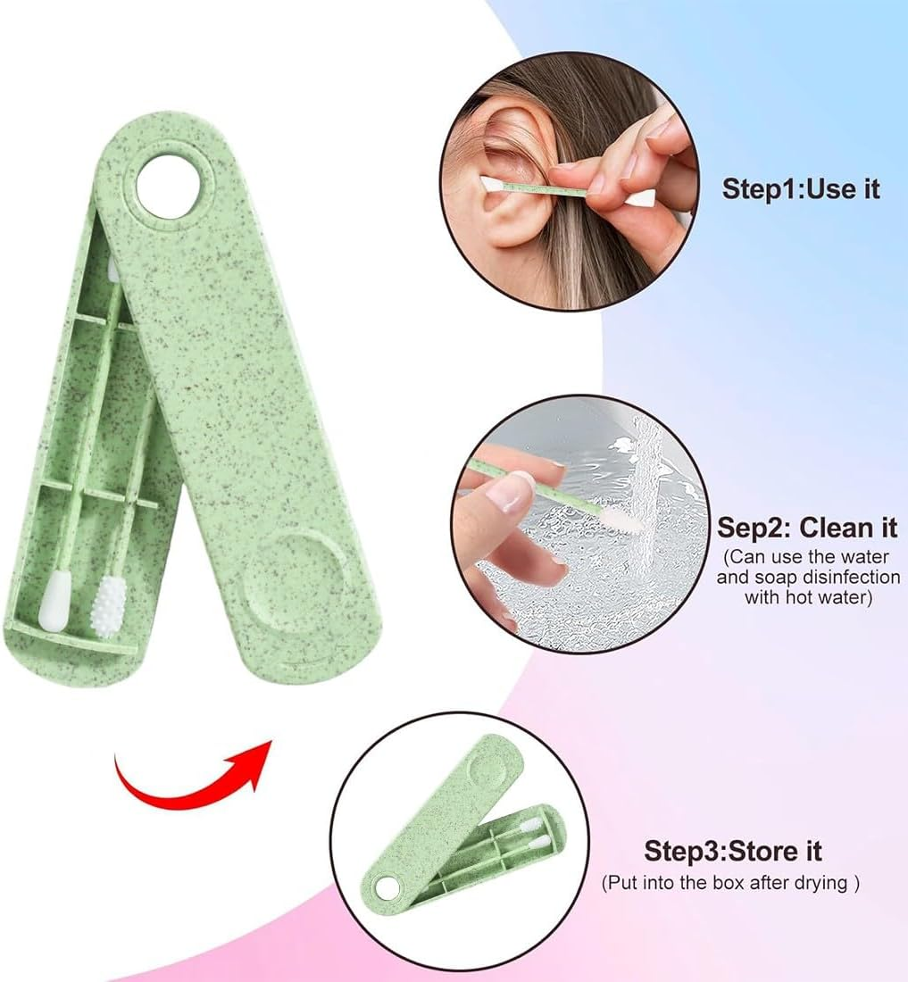 Pack of 4 Cotton Buds Reusable Ear Sticks Double Ended Spiral Reusable Cotton Buds Ear Cleaner Spiral with 2 Containers Green and Blue for Ear Cleaning Make-Up, Etc