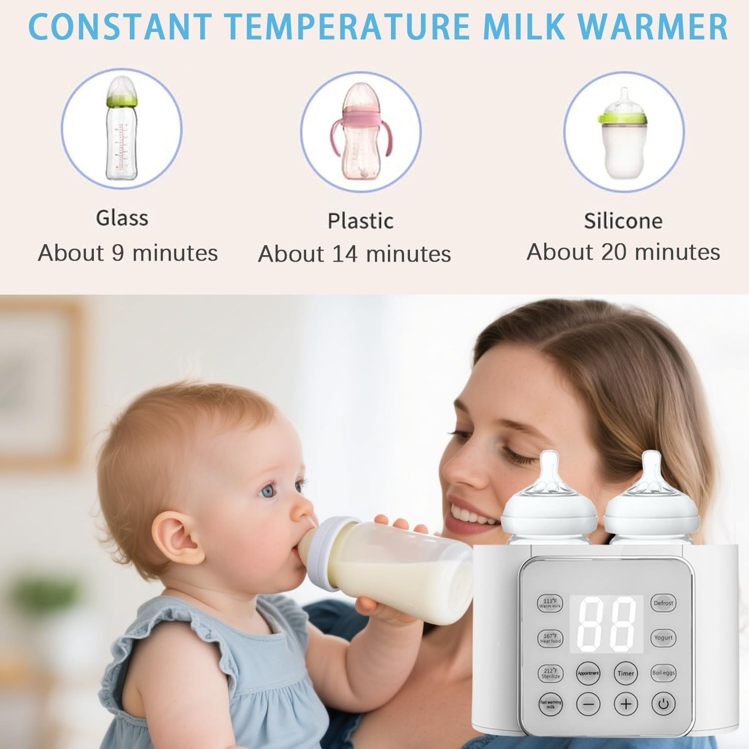 Baby Bottle Warmer 9-In-1 Multifuntion Breast Milk Warmer, Fast Baby Food Heater and Defrost Warmer with Timer for Twins, LCD Display Accurate Temperature Adjustment, 24H Constant Mode image number 3