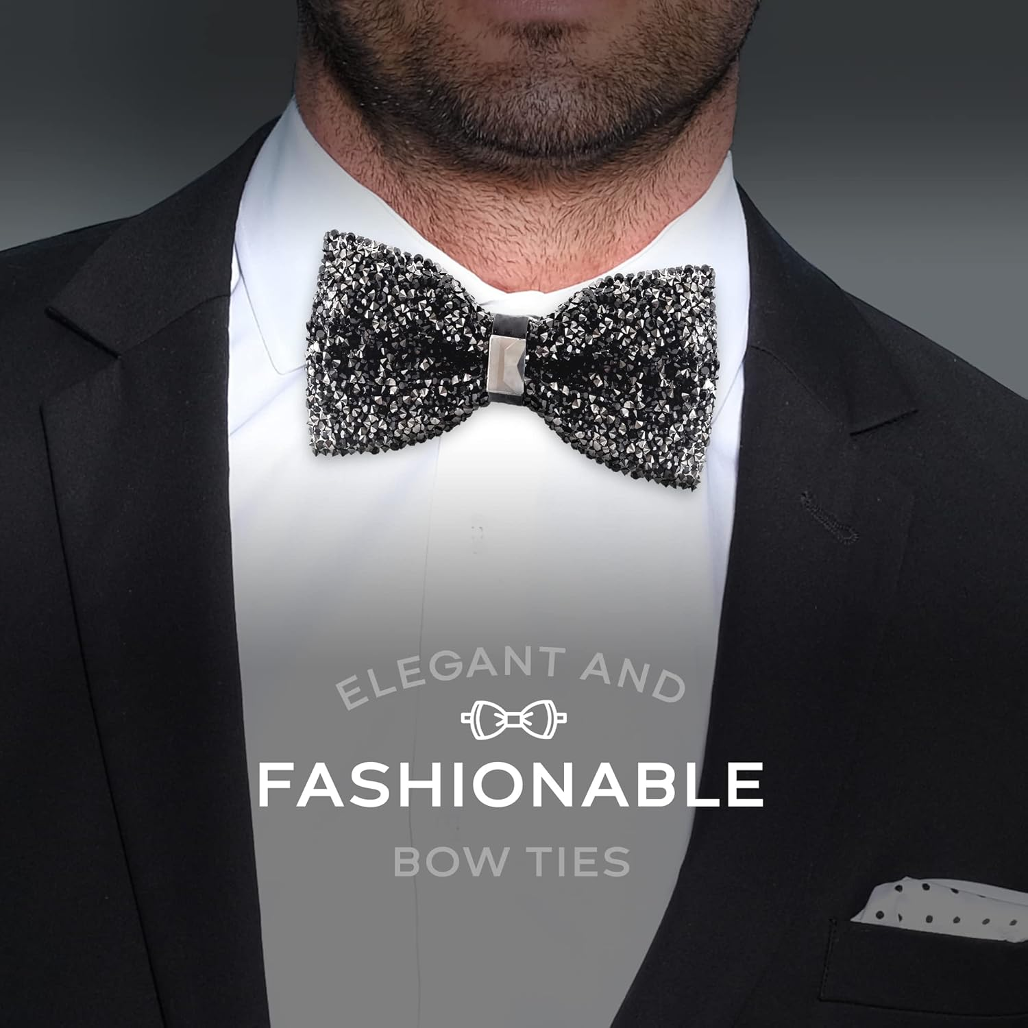 Black Rhinestone Bowtie for Men - Pre Tied Sequin Bowties with Adjustable Length image number 6