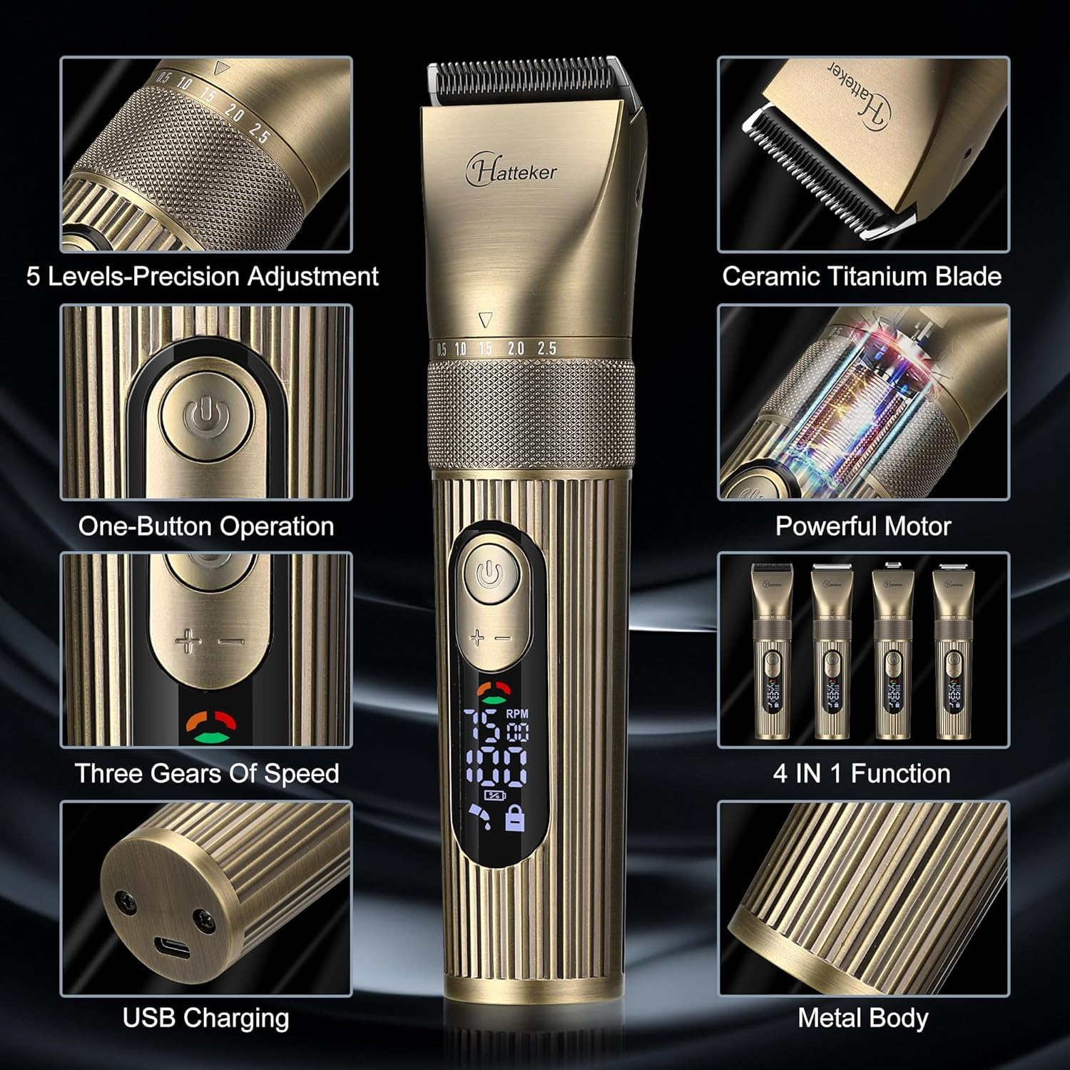 Hatteker Men'S Beard Trimmer Professional Cordless Hair Clipper Barber Clipper Shaver Detail Trimmer for Men Waterproof 4 in 1 image number 6