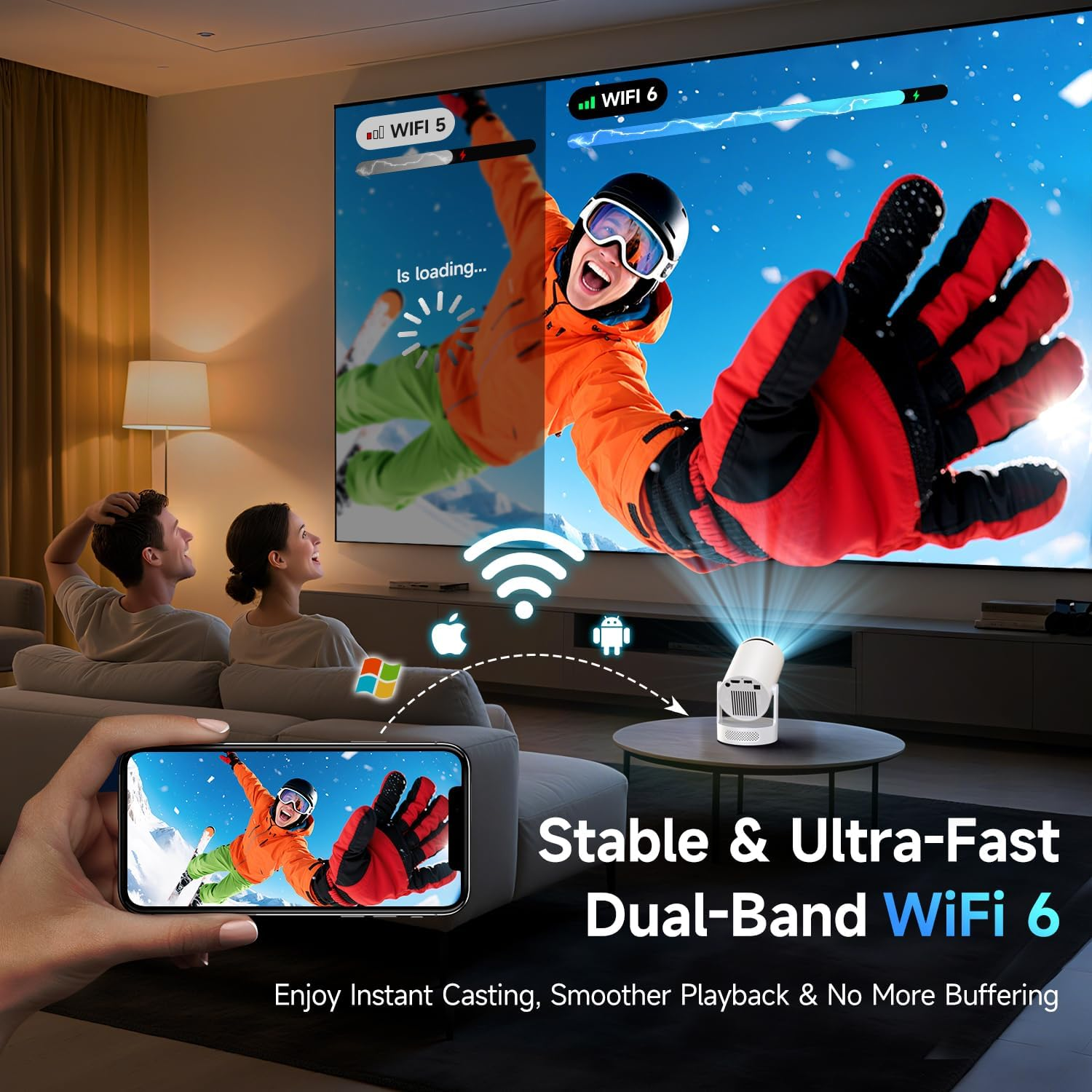 Kimwood Projector with Upgraded Base Speaker, [Built-In Apps] Mini Portable Projector Lower Noise Auto Keystone Wifi 6 Bluetooth 5.4, 0.8:1 Ultra Short Throw Projectors for Big Screens in Small Rooms image number 1