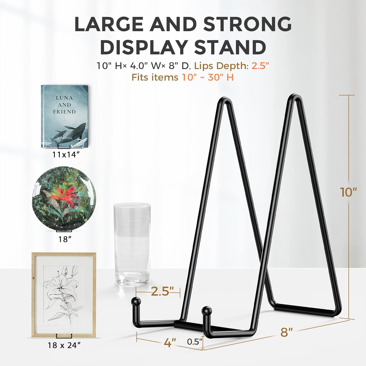 TR-LIFE 10 Inch Large Plate Stands for Display - Metal Plate Holder Display Stand + Picture Frame Holder Stand + Small Easels for Decorative Platter, Book, Plaques, Photo, Tabletop Art (2 Pack) image number 1