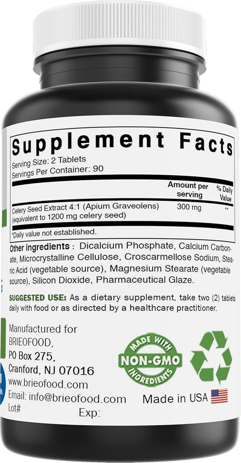 Brieofood Celery Seed 1200 Mg per Serving- 180 Tablets, Gluten Free, and Non-Gmo image number 2