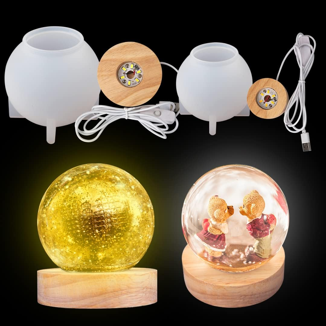 KHTAA 4PCS Large Sphere Light Resin Molds LED Silicone Molds for Resin with Wooden Lighted Base round Crystal Lamp Silicone Molds for Resin Art,Home Decor image number 5
