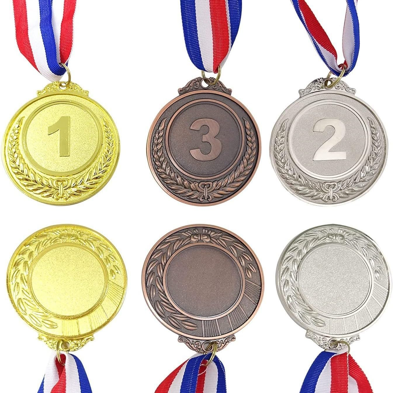 3PCS 1St, 2Nd, 3Rd Award Medals, 2 Inches Winner Medals Gold Silver Bronze Prizes with Red White Blue Neck Ribbon for Competitions Awards, Olympic Style Party Decorations