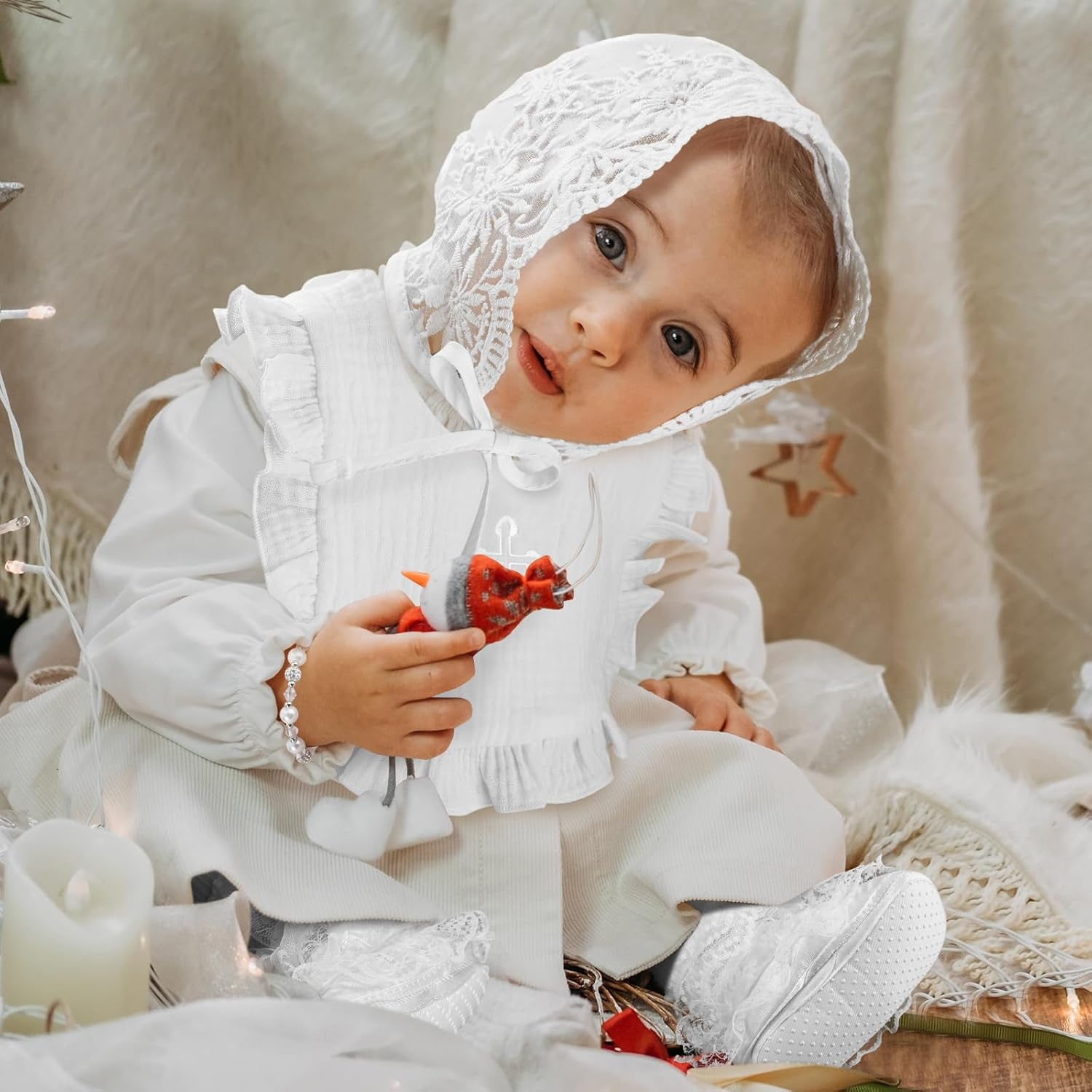 5 Pcs Christening Bib for Baby Girl White Baptism Bib Christening Socks Shoes Baby Bonnet Lace Hat Cross Charm Bracelet Baptism Outfits for Toddler Infant First Communion Gift, White image number 5