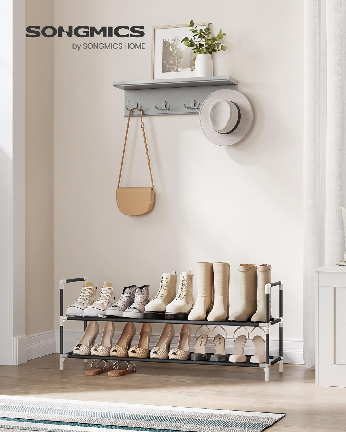 SONGMICS 2-Tier Shoe Rack, Shoe Storage for Hallway Closet, Slim and Space-Saving, Metal Frame, Non-Woven Fabric Shelves, Black ULSH052B01 image number 2