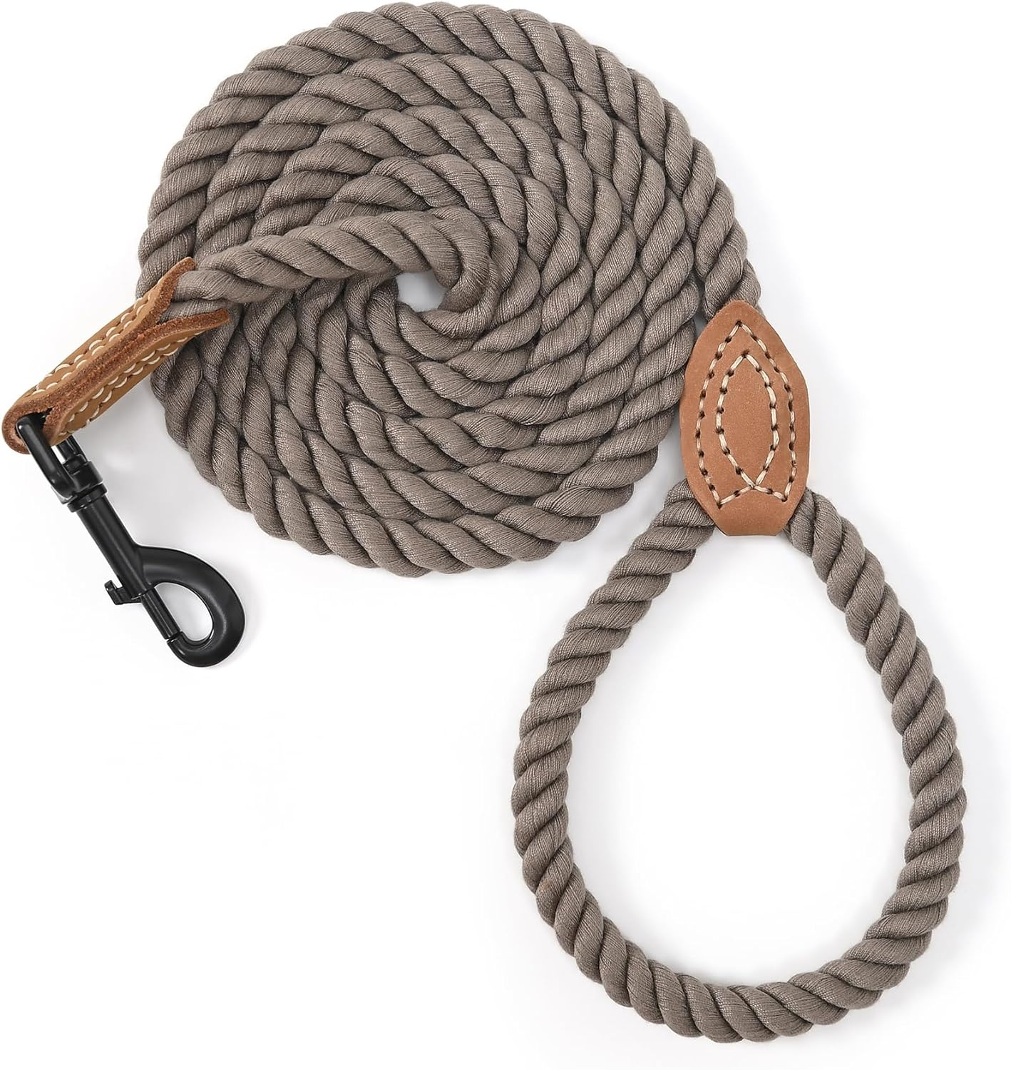Mile High Life Braided Cotton Rope Leash with Leather Tailor Handle and Heavy Duty Metal Sturdy Clasp (Light Brown, 5 FT)