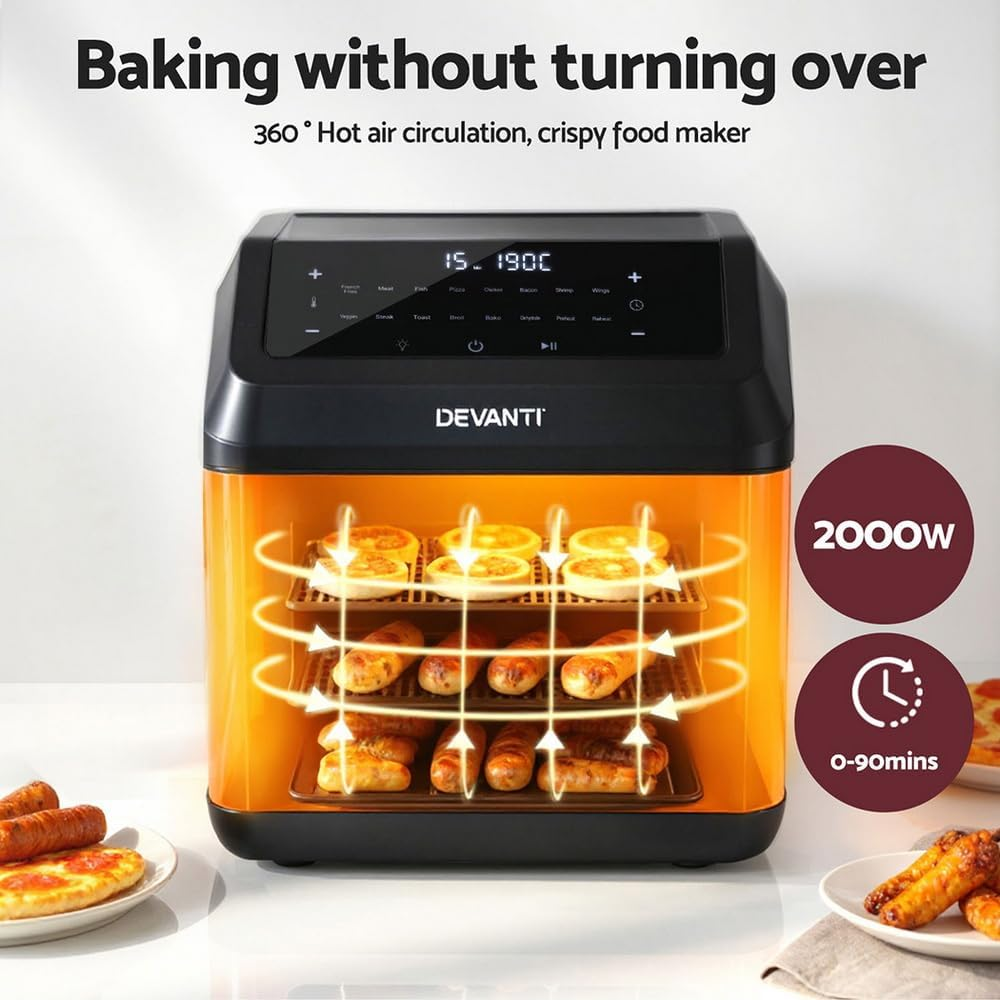 Devanti Air Fryer Oven, 13L 2000W Stainless Steel Airfryer Electric Cooker Deep Fryers Baking Tray Kitchen Household Small Kitchens Appliances, with 17 Cooking Presets and LCD Touch Control Panel