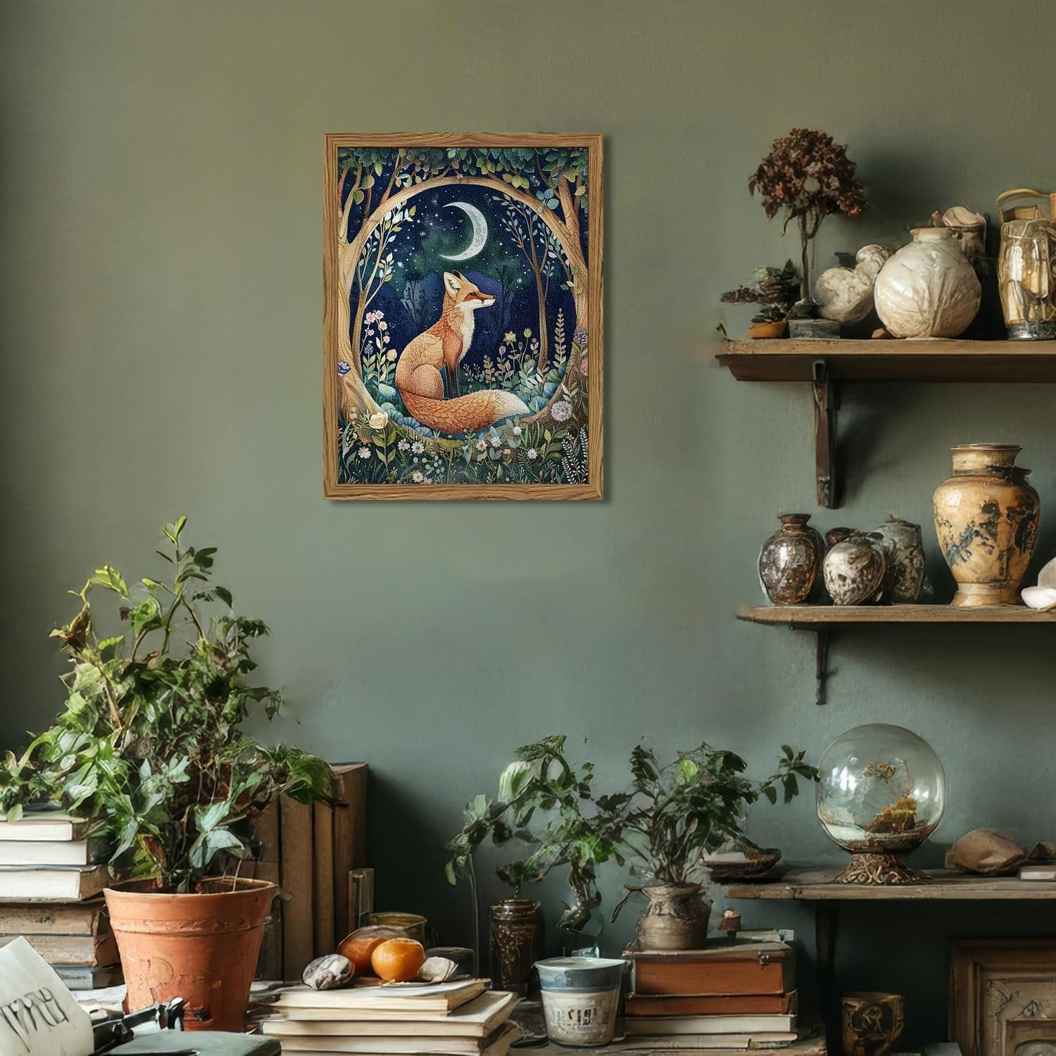 Framed 3D Textured Vintage Wall Art - Cottagecore Hand Drawn Sandstone Fox Paintings Wall Decor, Whimsical Forest Animal Floral Botanical Aesthetic for Bedroom Living Room Nursery 16X24 Inch image number 6