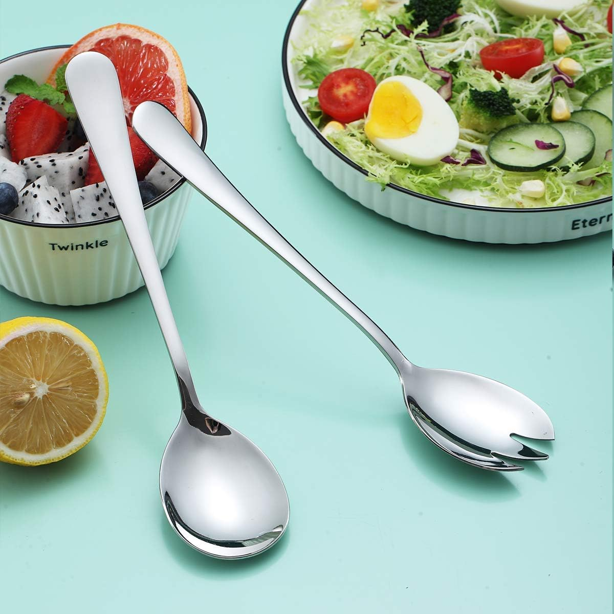 Berglander Salad Server Set, Stainless Steel Salad Serving Set, Salad Servers, Salad Spoon, Salad Fork, Pack of 2 (Shiny Silver) image number 2