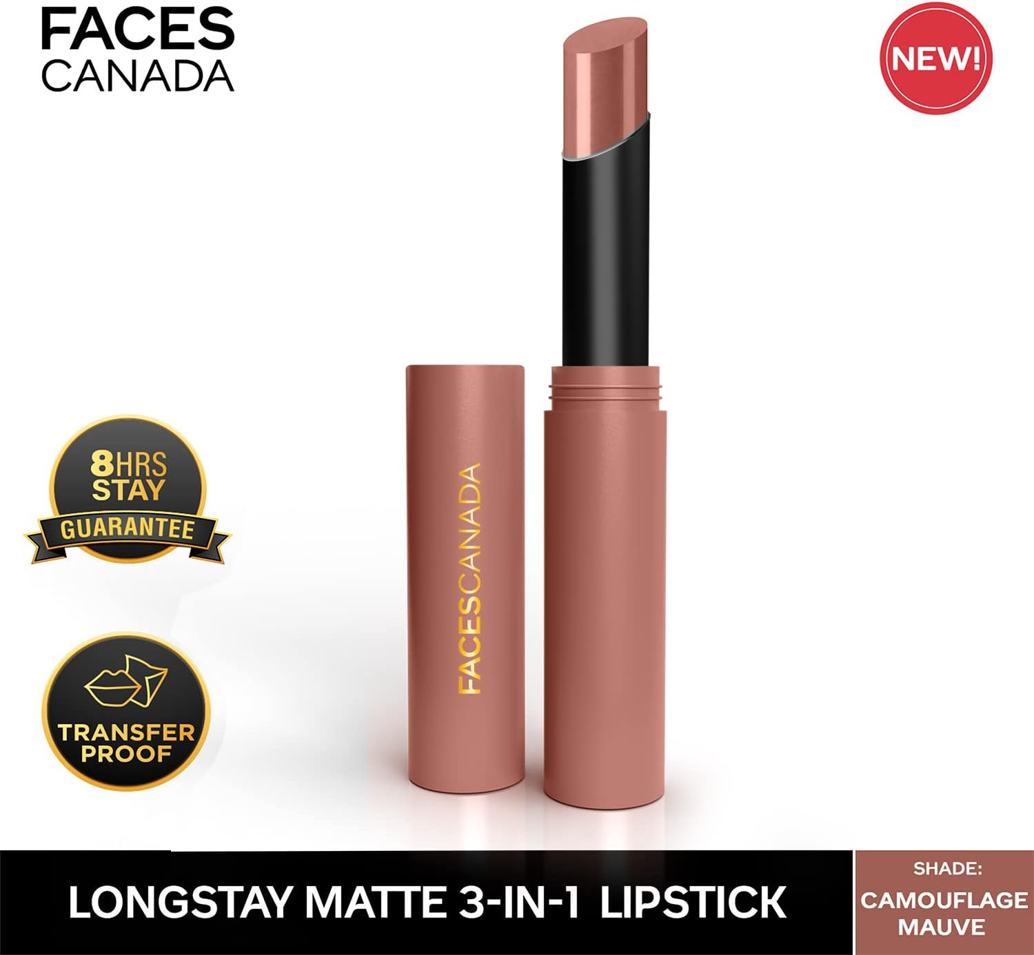 FACES CANADA Long Stay 3-In-1 Matte Lipstick - Camouflage Mauve 07, 2G | 8HR Longstay | Transfer Proof | Moisturizing | Chamomile & Shea Butter | Primer-Infused | Lightweight | Intense Color Payoff image number 6